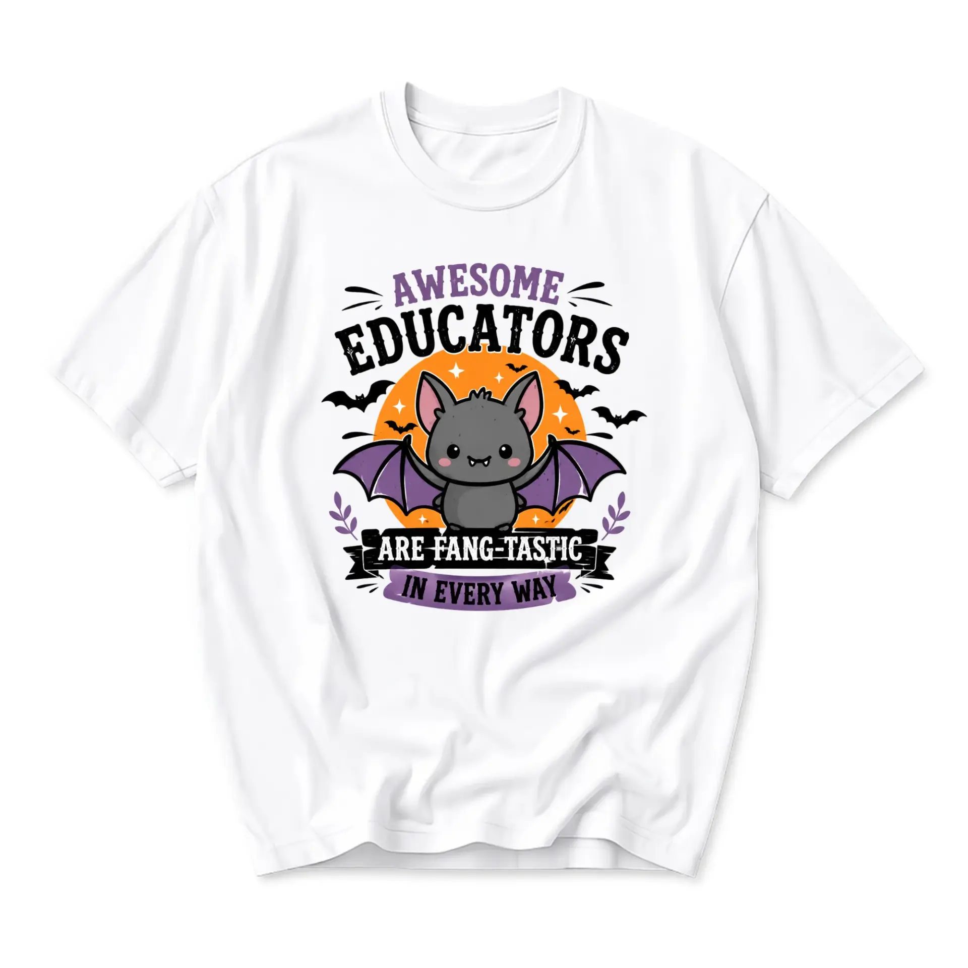 Funny Shirt Awesome Educators Are Fang-Tastic in Every Way Cute Bat Graphic Unisex Crew Neck Casual Cotton Tee