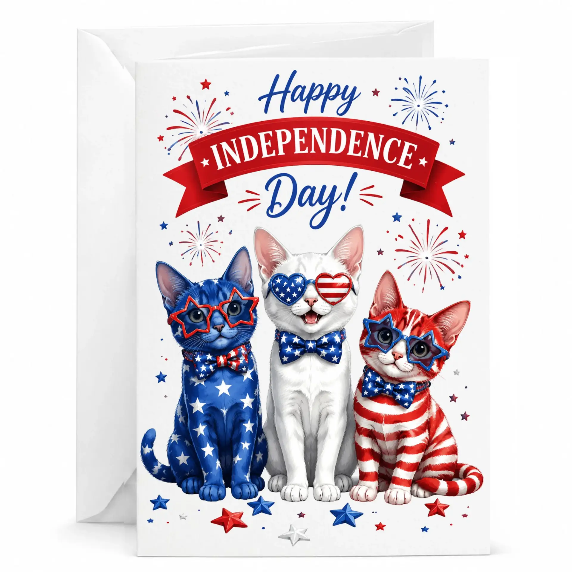 Funny Patriotic Cats Greeting Card Independence Day 5x7 Folded Note with Matching White Envelope