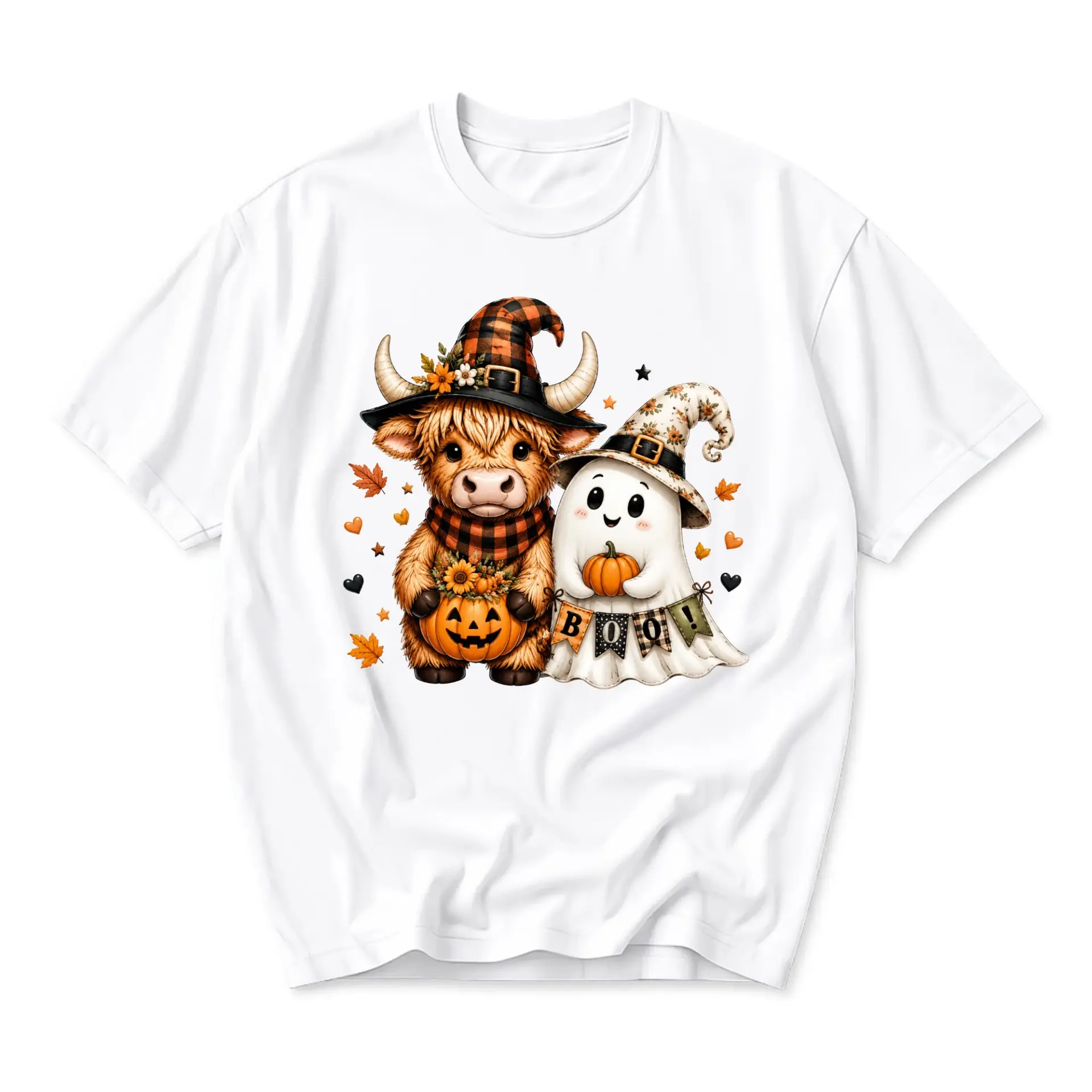 Graphic Tee Highland Cow and Ghost Halloween Shirt Cute Autumn Pumpkin Illustration Unisex Casual Crew Neck Top