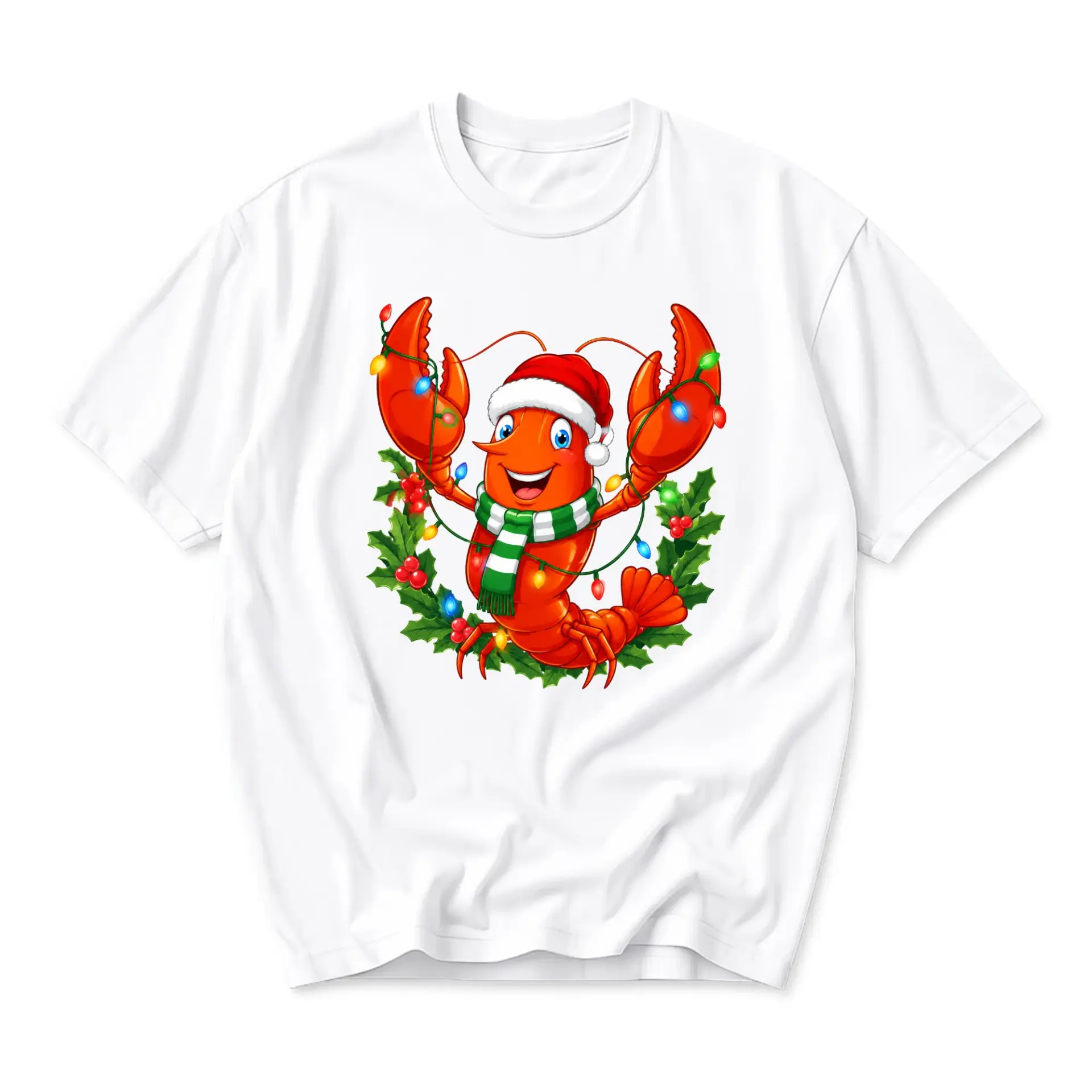 Funny Shirt Christmas Lobster Graphic Tee Holiday Season Festive Casual Crew Neck Unisex T-Shirt White Apparel