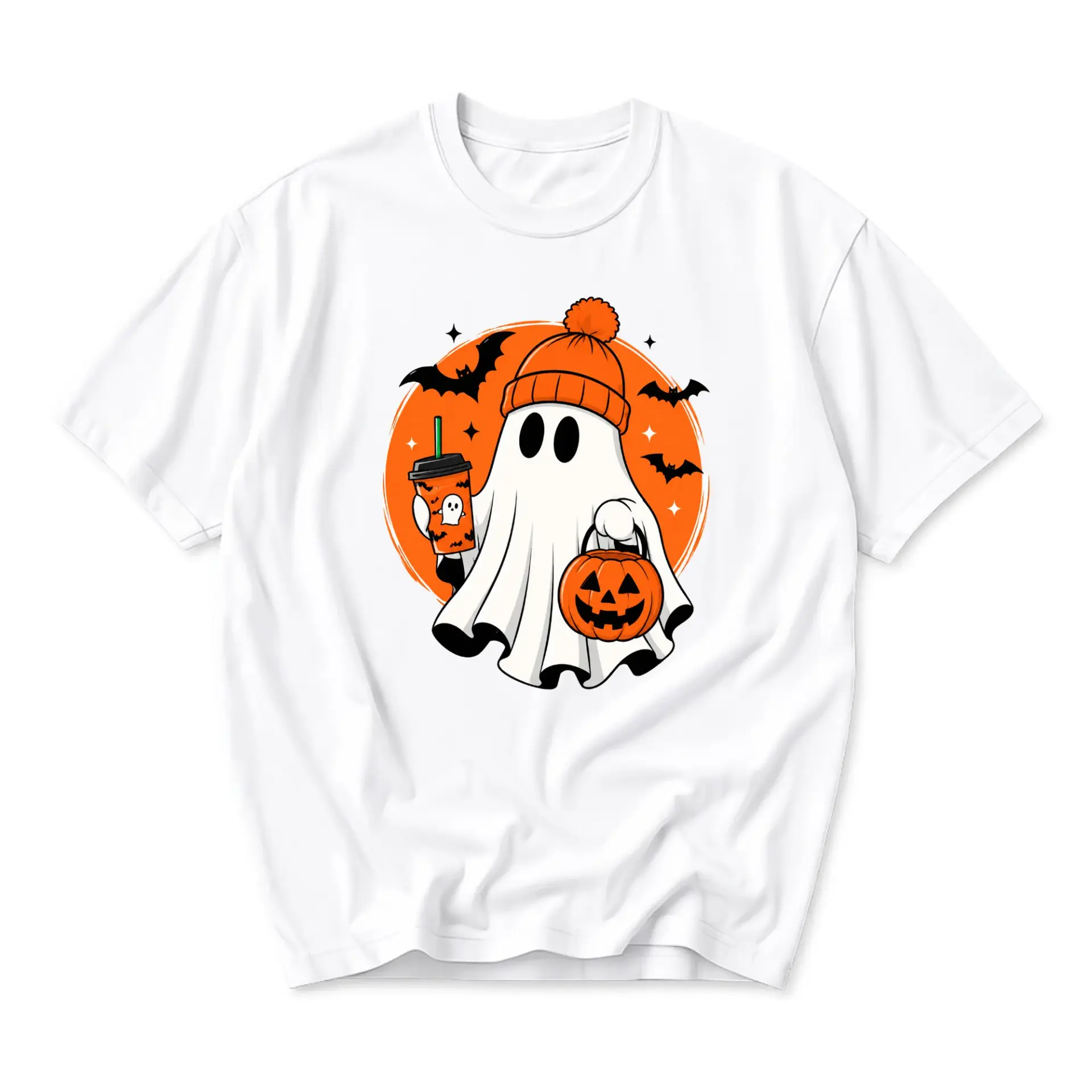 Graphic Tee Unisex Ghost Pumpkin Coffee Fall Outfit Casual Halloween Crew Neck Cotton Blend Soft Comfortable Shirt