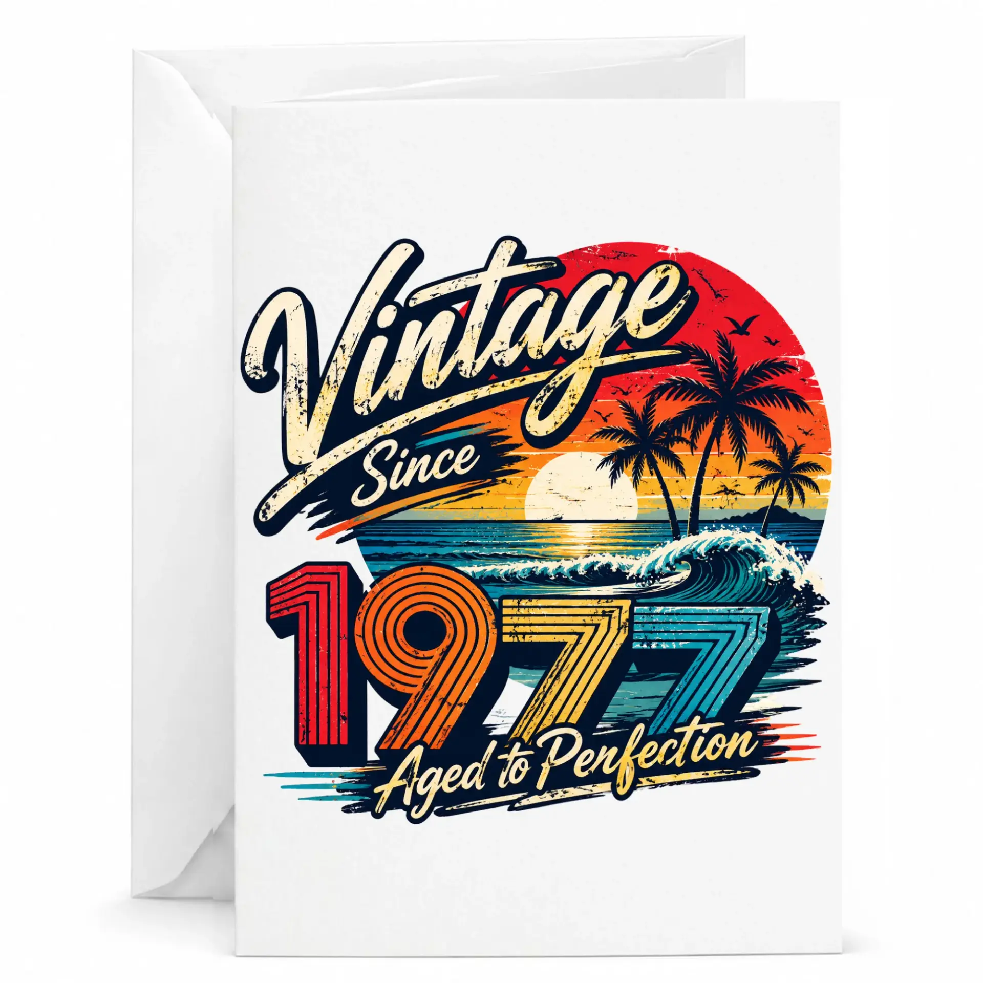 Birthday Card Vintage Since 1977 Aged to Perfection Tropical Sunset Theme Retro Style Greeting Card