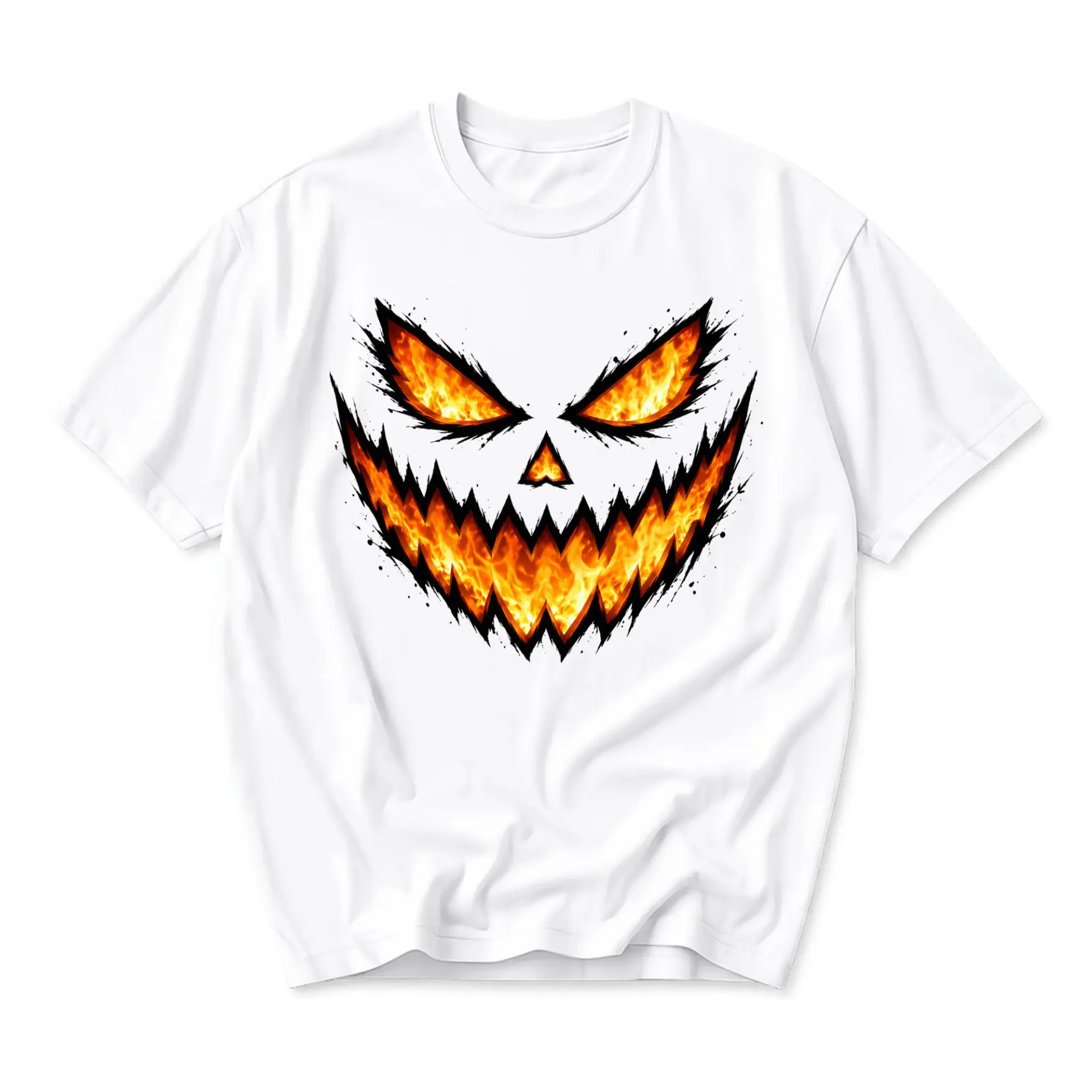 Graphic Tee Unisex Crew Neck T-Shirt Featuring Flaming Jack O Lantern Pumpkin Face Design for Casual Halloween Outfits