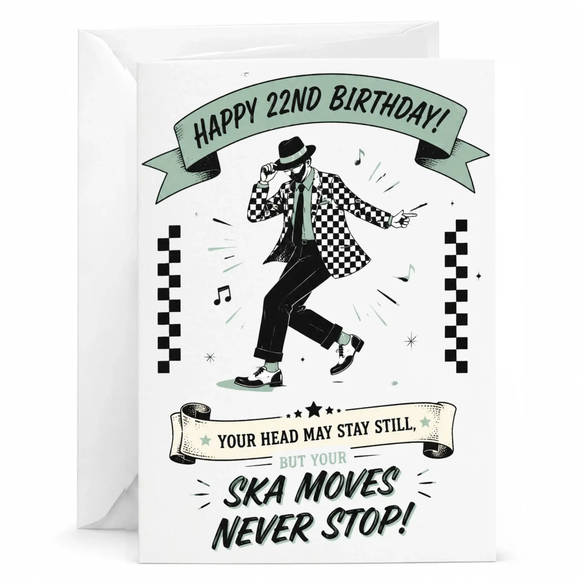 Funny Ska Music Birthday Card, Retro Dancer 22nd Birthday Greeting Card with Envelope for Music Lovers