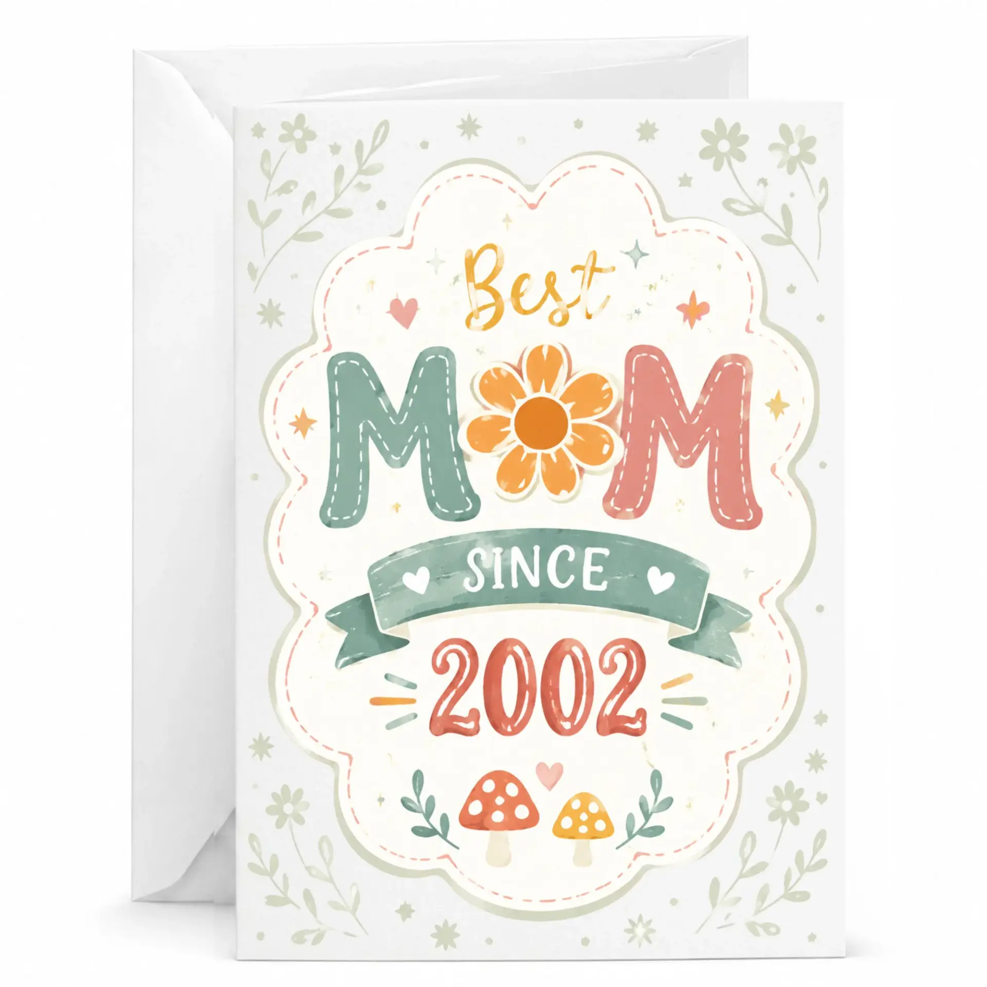 Greeting Card Best Mom Since 2002 Floral Mushroom Design for Mother's Day Birthday Anniversary Heartfelt Stationery Gift