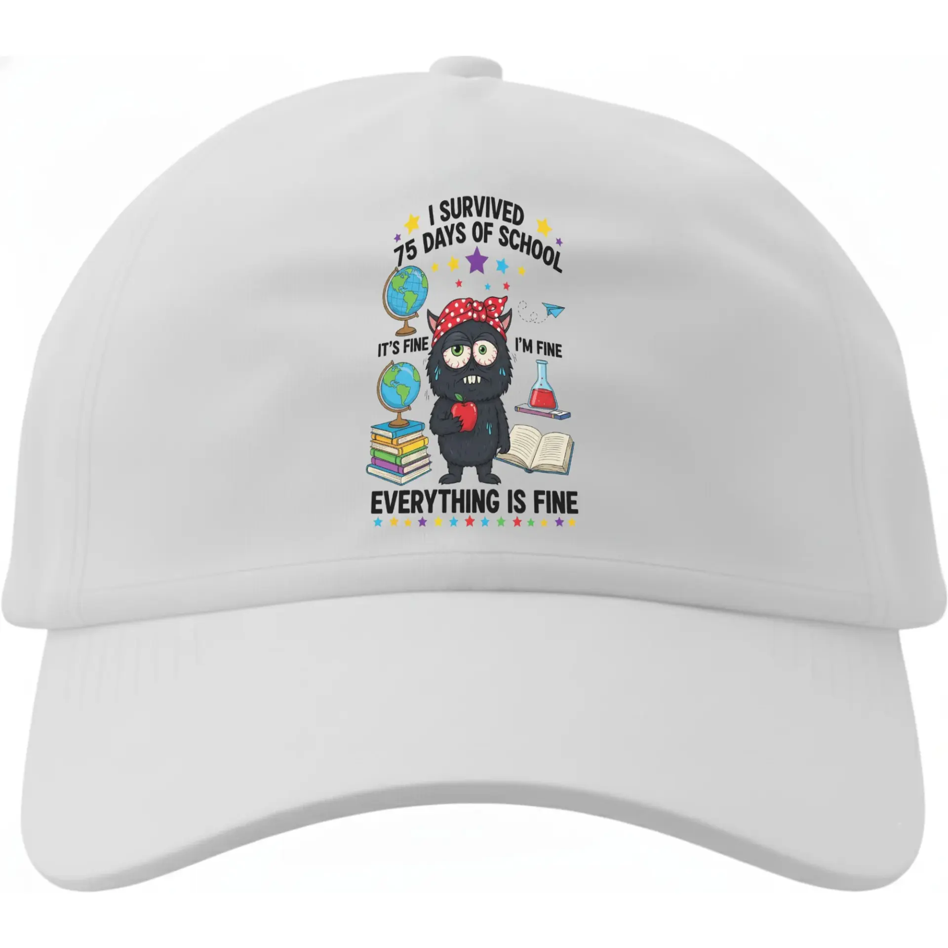 Dad Hat I Survived 75 Days of School Funny Graphic Baseball Cap Adjustable Low Profile Cotton Unisex Headwear White