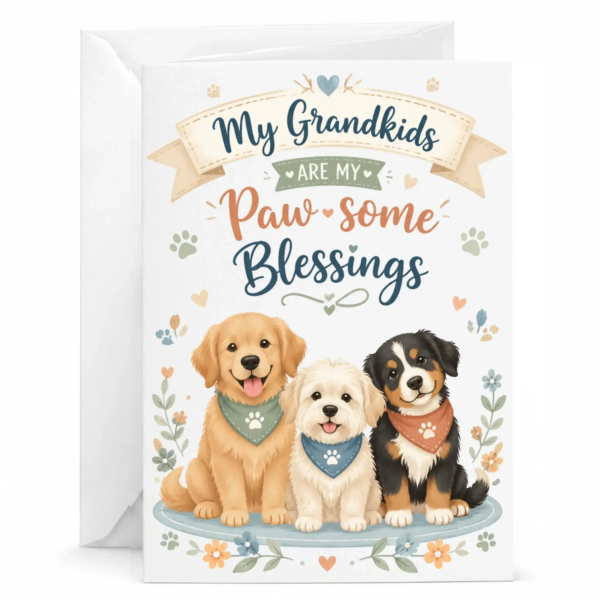 Greeting Card for Grandparent My Grandkids Are My Paw Some Blessings with Three Cute Puppies Design 5x7 Inches