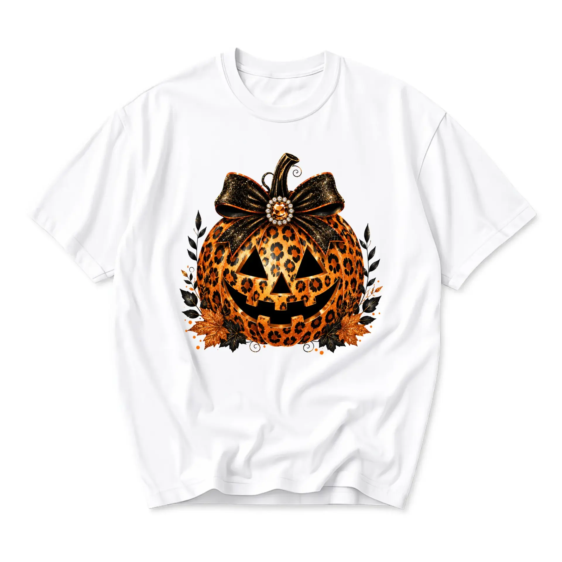 Graphic Tee Unisex Crew Neck T-Shirt Featuring Leopard Print Pumpkin Fall Season Autumn Festive Holiday Apparel