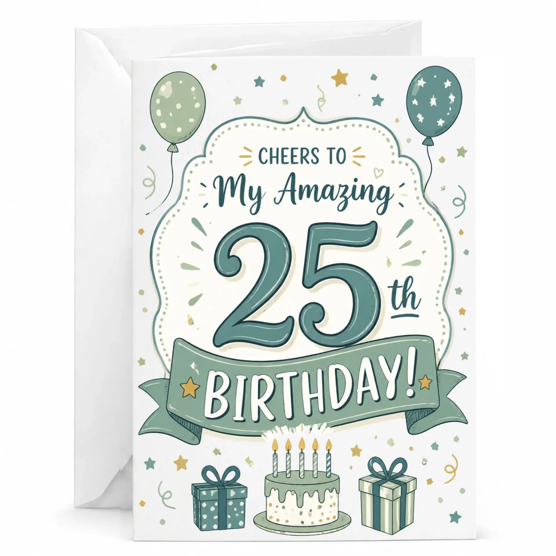 Birthday Card for 25th Birthday Milestone Celebration Featuring Festive Balloons and Gift Box Illustration Greeting Card