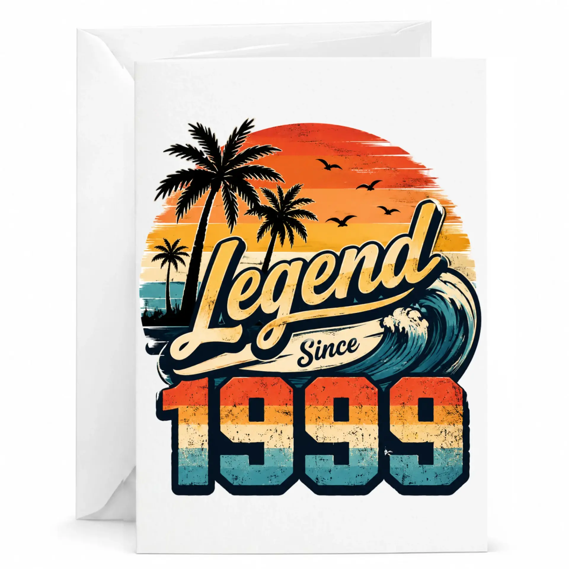 Greeting Card Legend Since 1999 Birthday Card Vintage Sunset Tropical Beach Theme Design for Milestone Celebration
