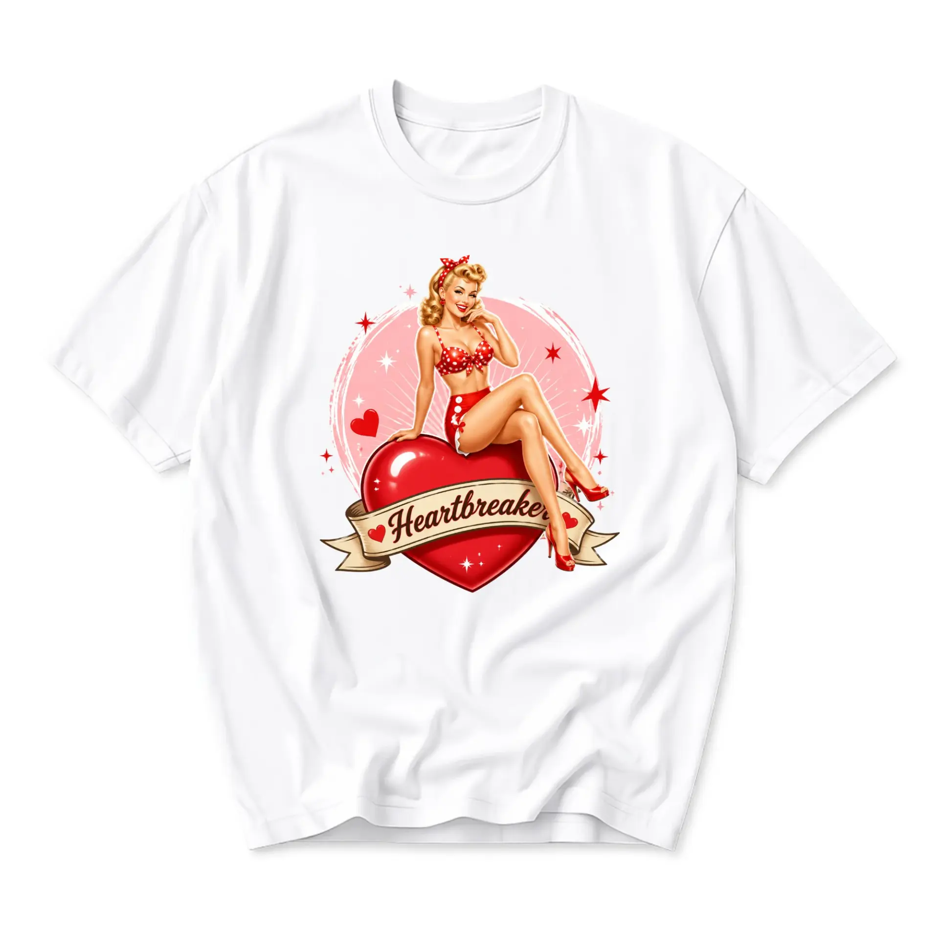 T-shirt Graphic Tee Featuring Pinup Girl Sitting on Heart Design Retro Style Casual Unisex Crew Neck Top Shirt