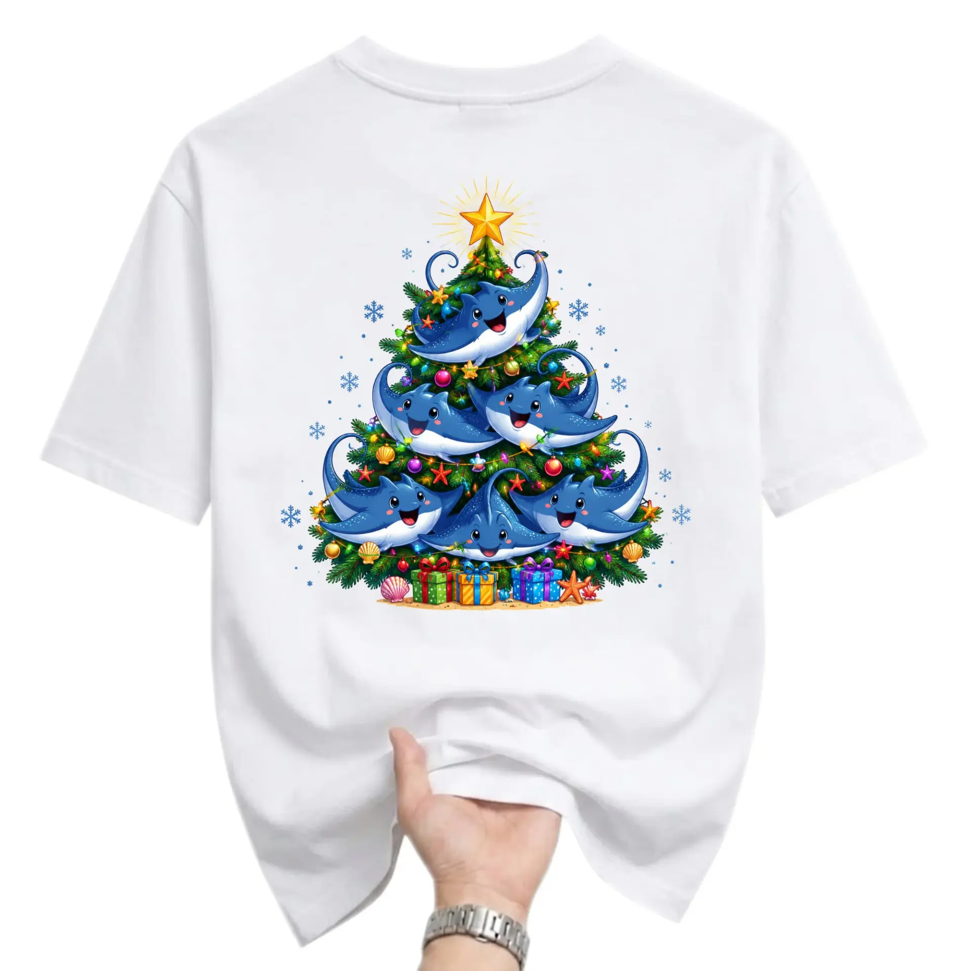 Graphic Tee Unisex Crew Neck Short Sleeve Holiday Shirt Featuring Cheerful Stingrays Decorating a Christmas Tree