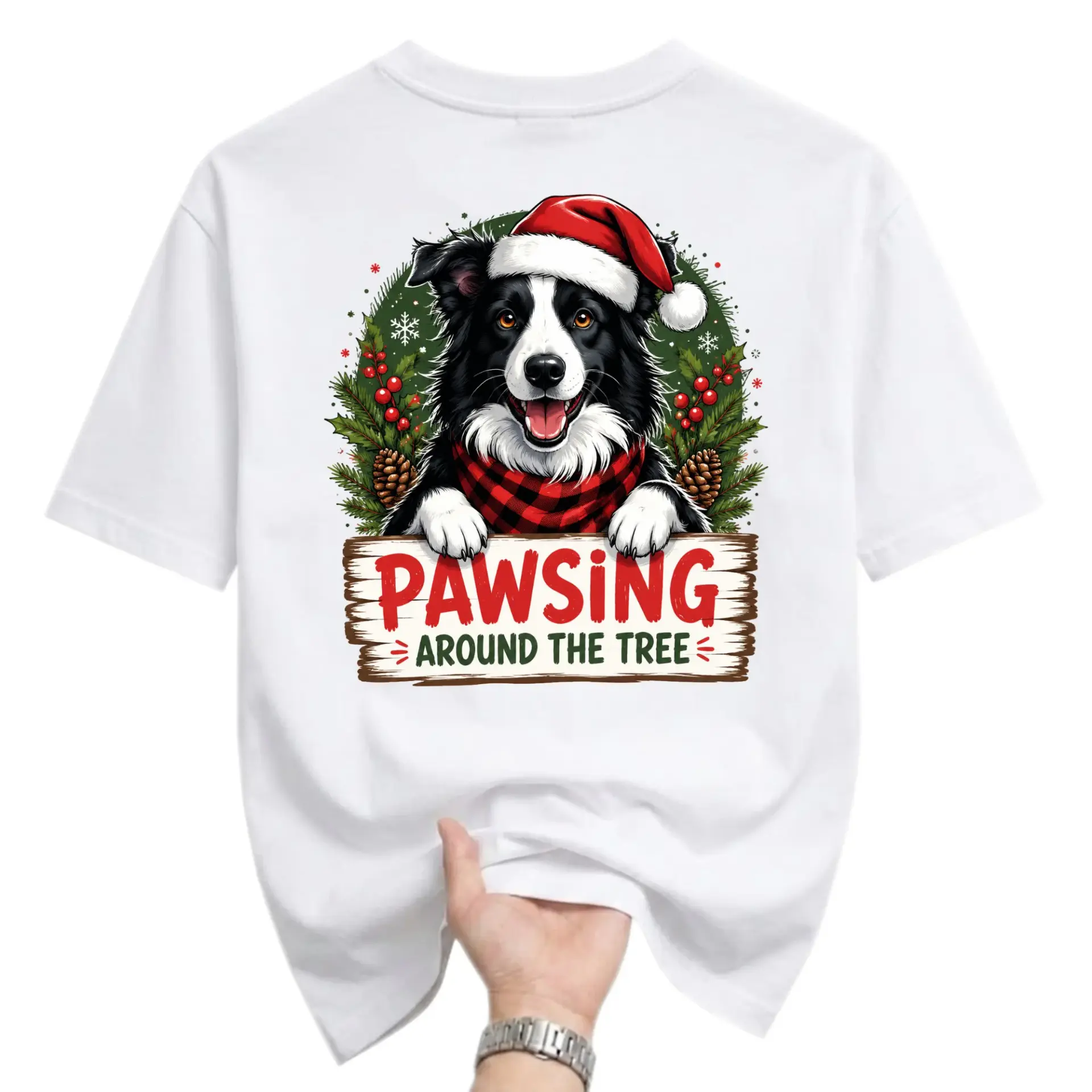 Funny Shirt Pawsing Around the Tree Border Collie Christmas Graphic Tee