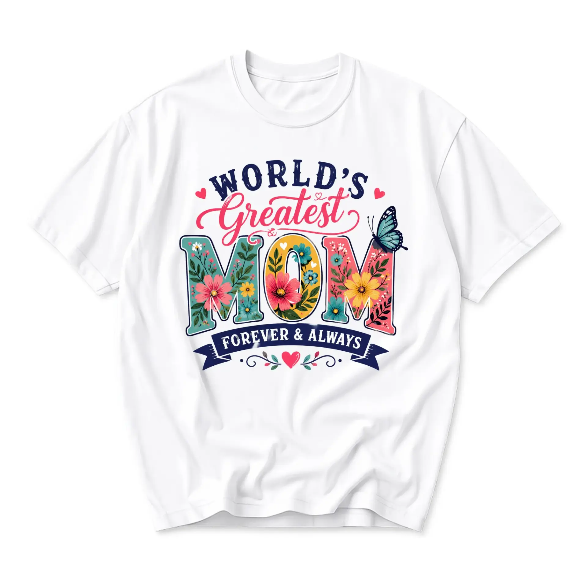 T-shirt World Greatest Mom Graphic Tee Floral Butterfly Design Casual Unisex Crew Neck Cotton Blend Shirt