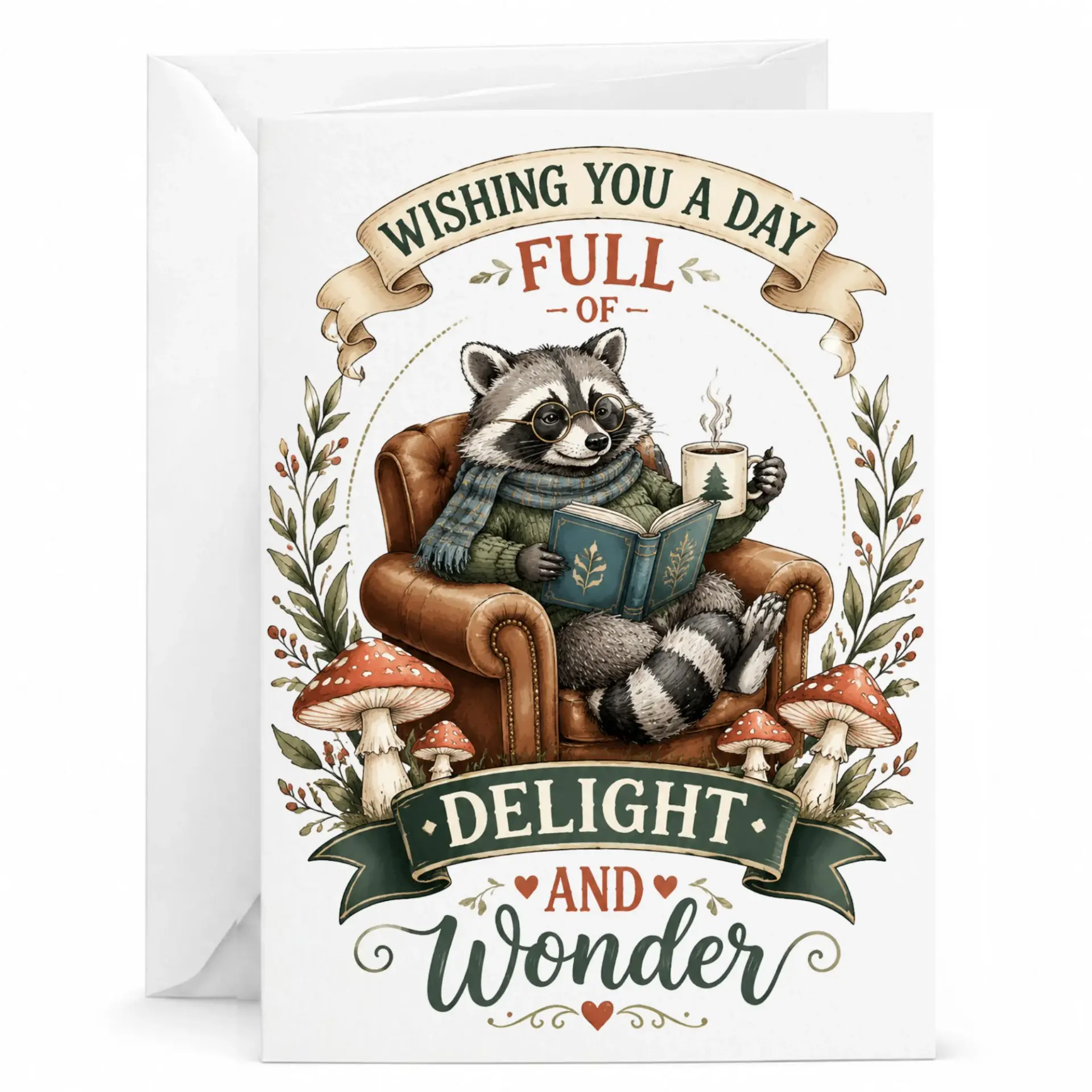 Greeting Card Raccoon Reading in Chair with Mushrooms and Cozy Design for Any Occasion
