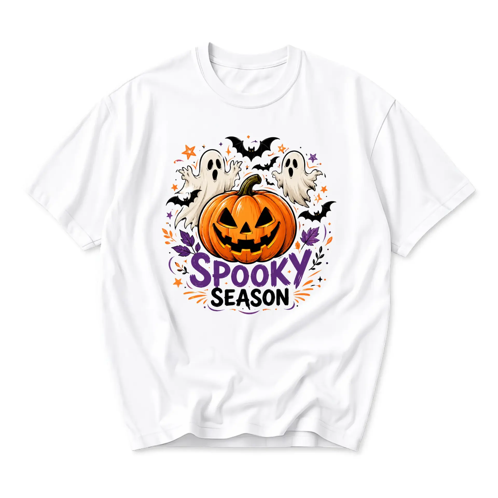 Graphic Tee Spooky Season Halloween T-Shirt Featuring Jack O Lantern Ghosts and Bats Unisex Casual Crew Neck Top