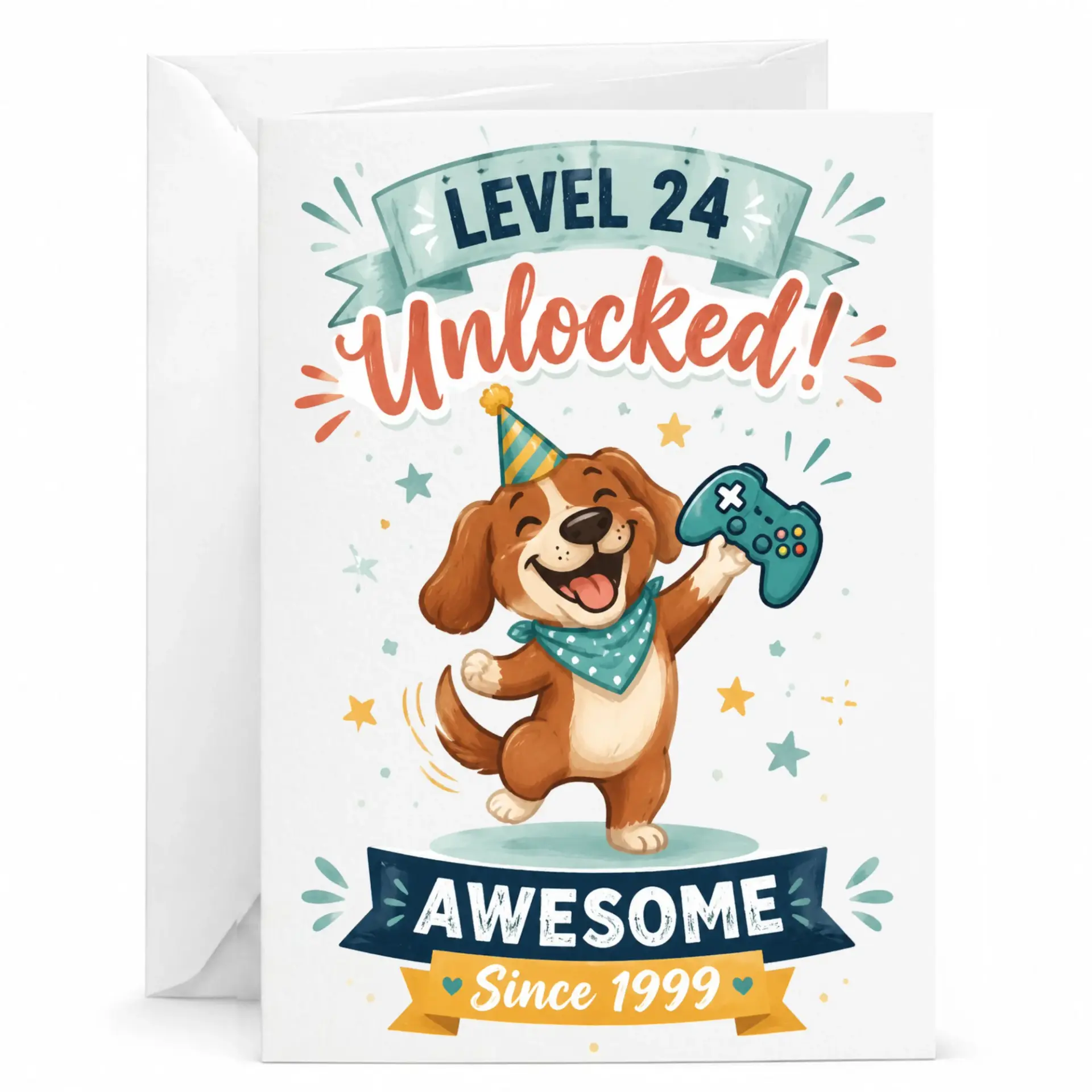 Funny Birthday Card Level 24 Unlocked Awesome Since 1999 Greeting Card Featuring Cute Gaming Dog with Game Controller