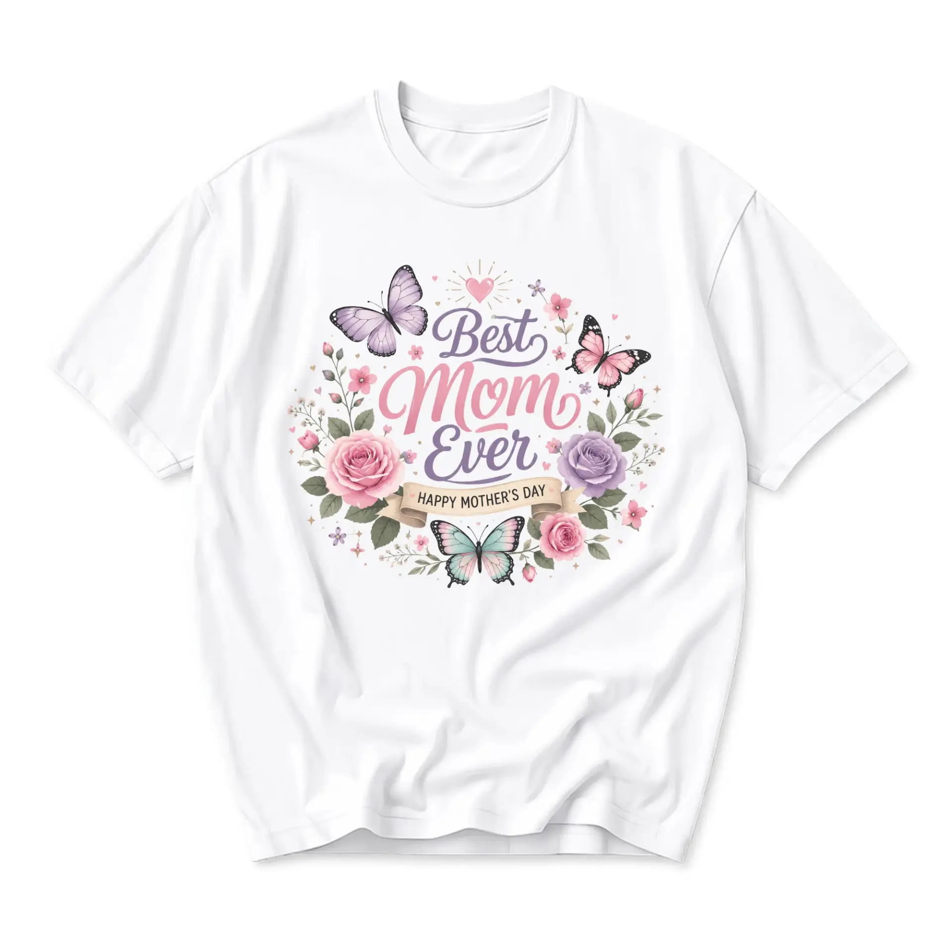 T-shirt Best Mom Ever Floral Butterfly Design Unisex Crew Neck Everyday Casual Graphic Tee for Women and Mothers
