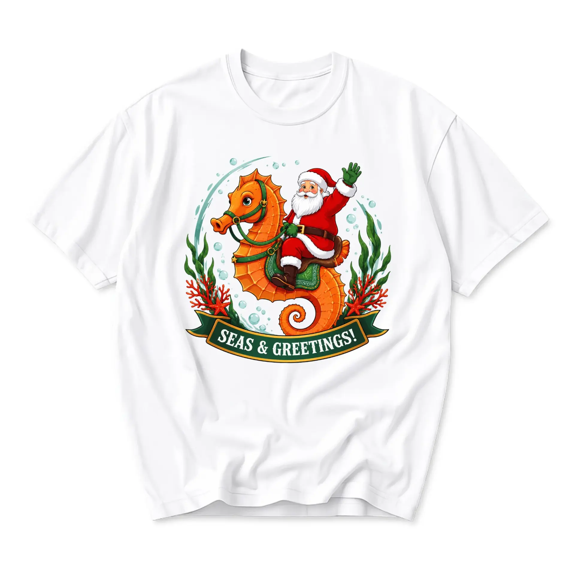 Graphic Tee Seas and Greetings Santa Riding Seahorse Christmas Unisex Crew