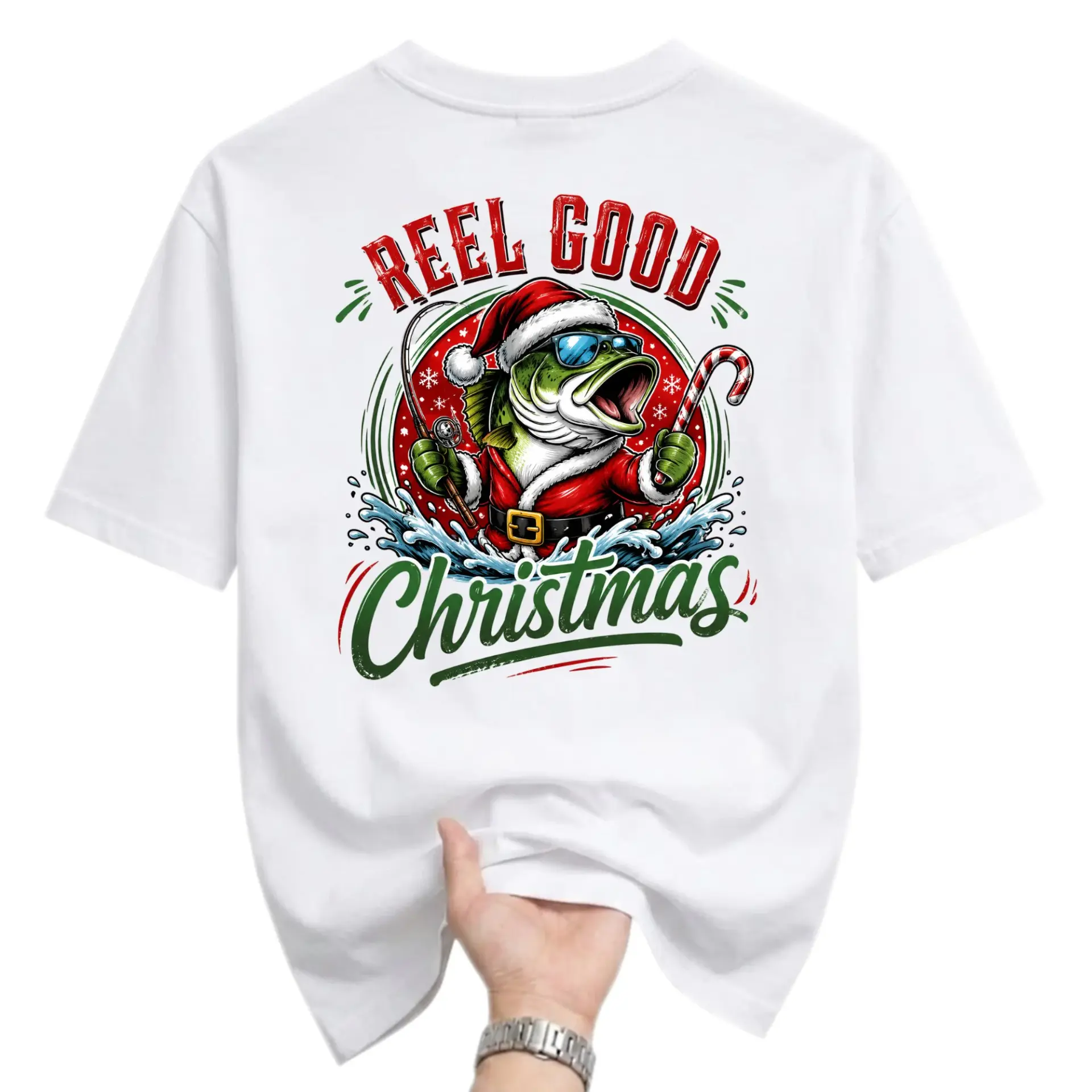 Funny Shirt Reel Good Christmas Fishing Santa Graphic Tee Unisex Casual