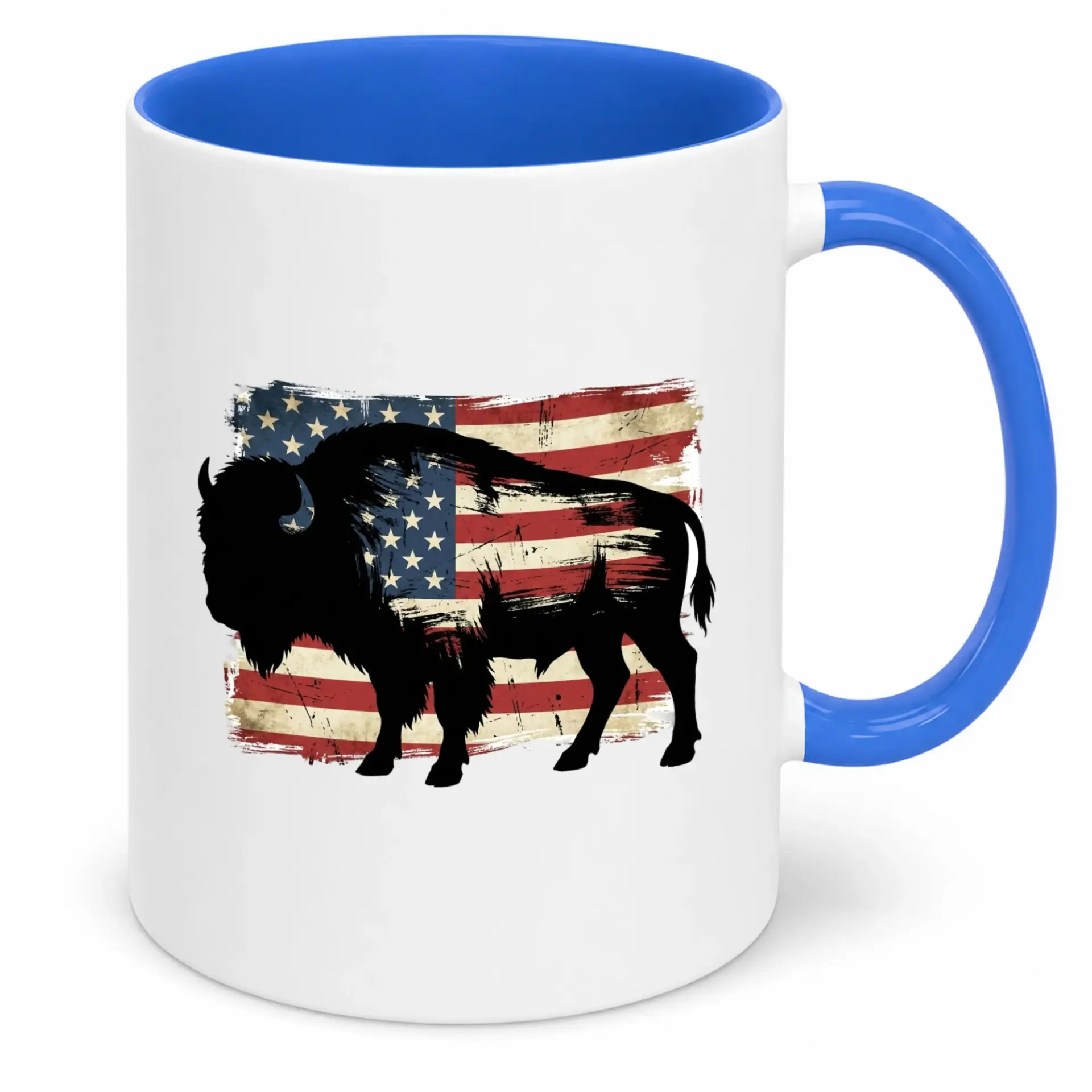 American Bison Ceramic Coffee Mug, Patriotic Wildlife Design with Distressed Flag Art, Unique Drinkware for Home & Office Use