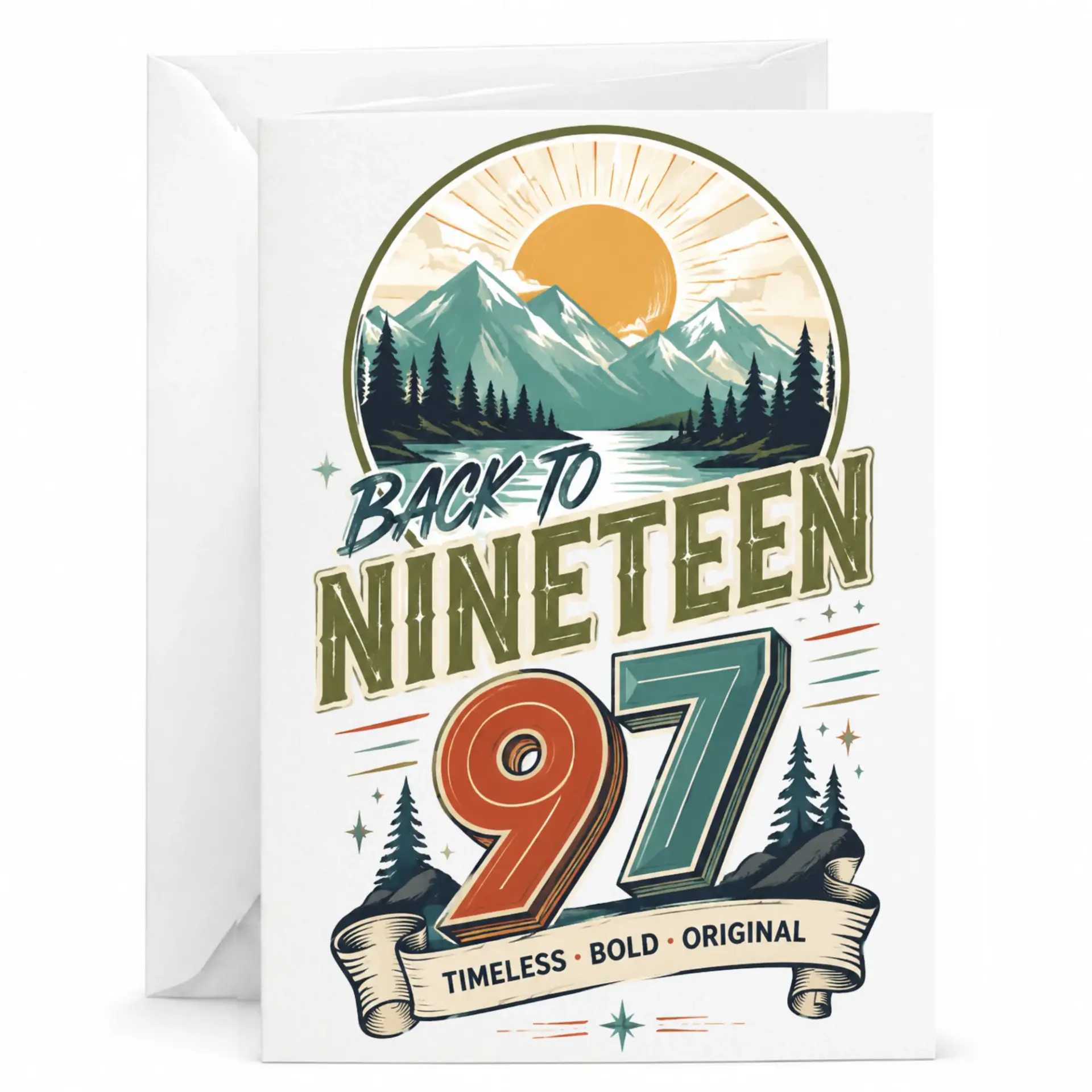 Birthday Card Back to Nineteen 97 Vintage Mountain Nature Design Greeting Card for Milestone Year Celebration