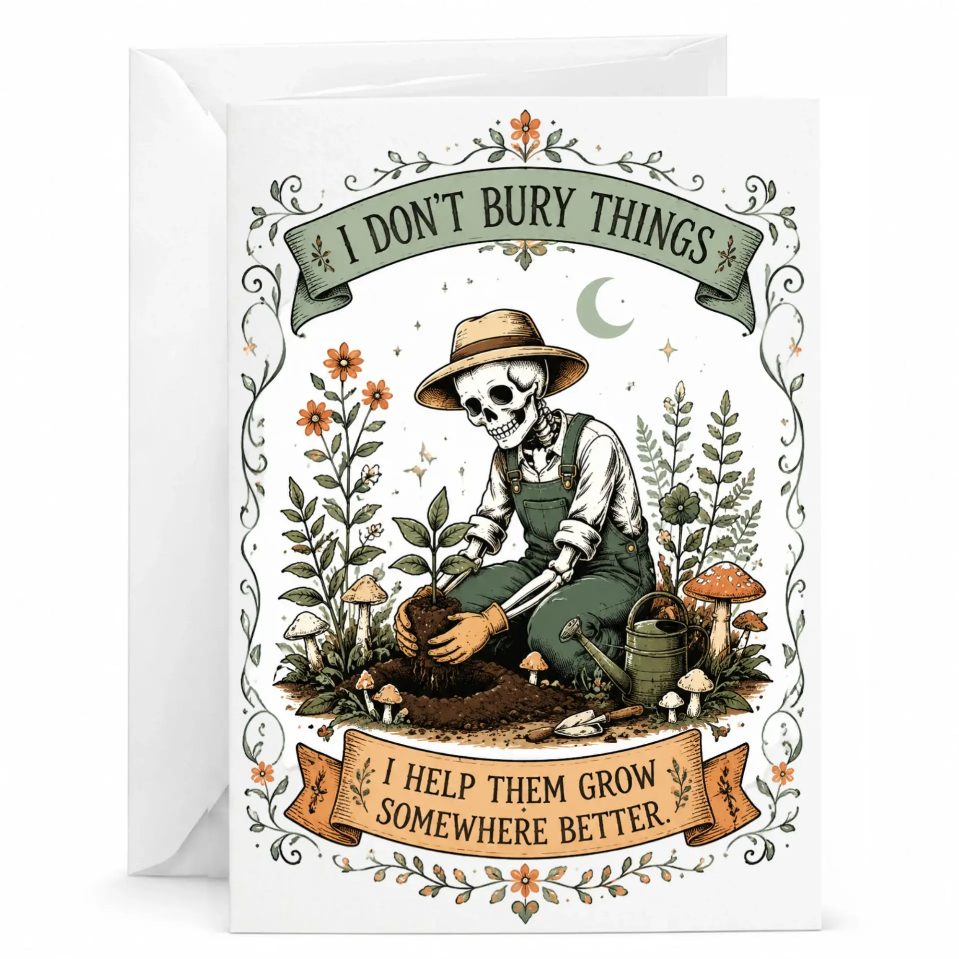 Funny Gardener Greeting Card Skeleton Planting Flowers Whimsical Art Design with Matching Envelope for Any Occasion