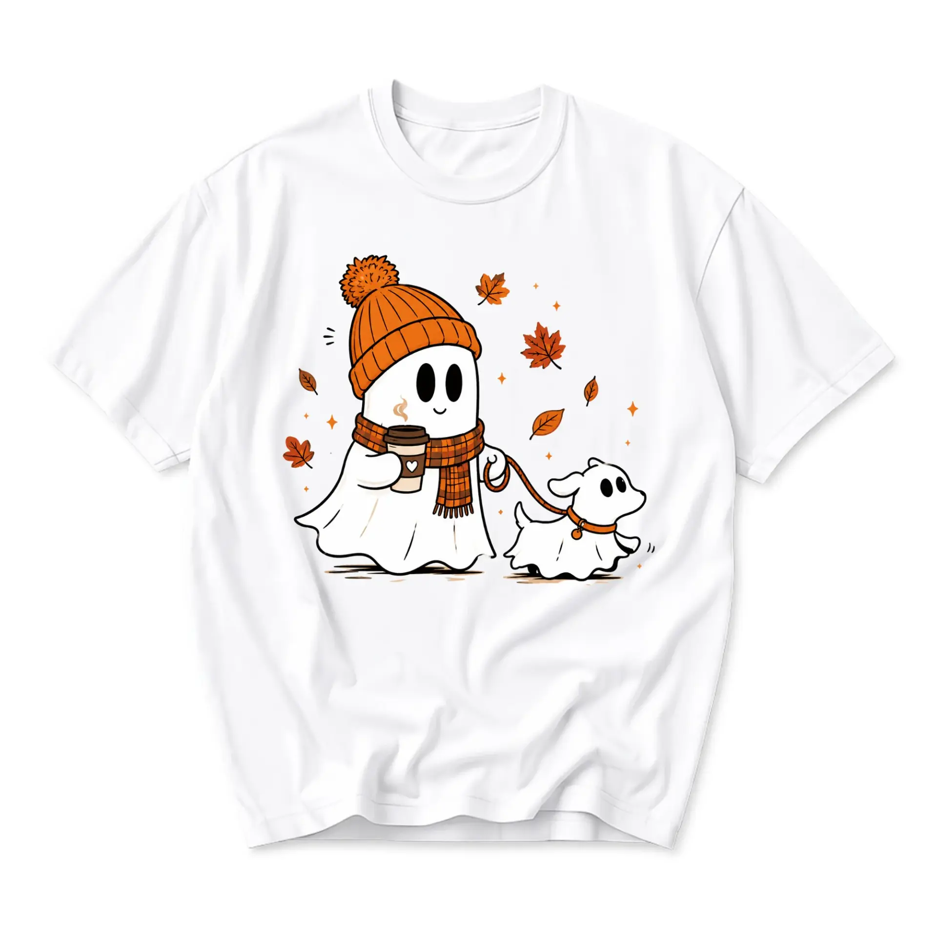 Graphic Tee Cute Ghost Walking Dog Print Unisex Crew Neck Shirt for Casual Everyday Wear and Seasonal Autumn Style
