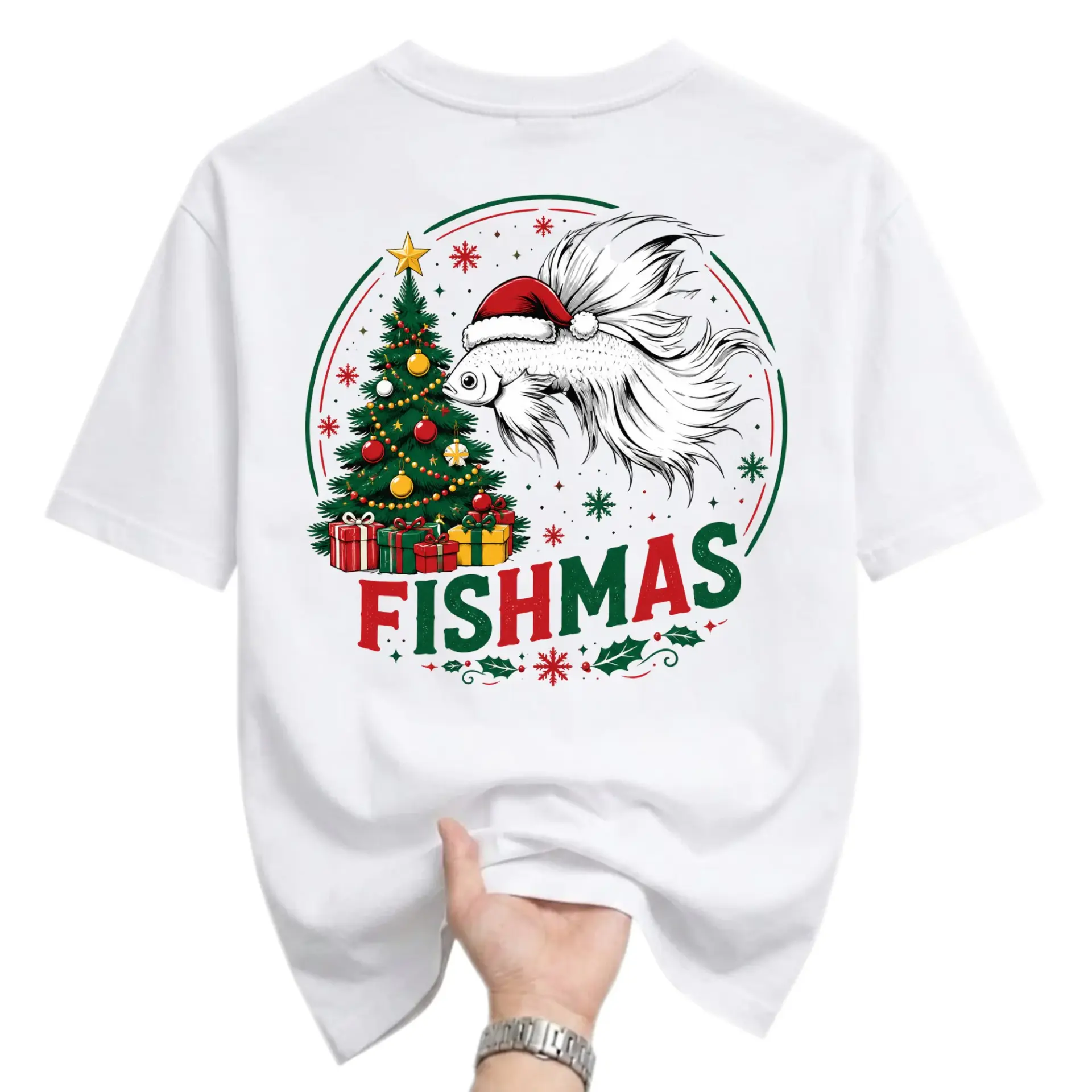 Funny Shirt Fishmas Unisex Graphic Printed T-Shirt Featuring a Festive Fish with Christmas Tree and Presents