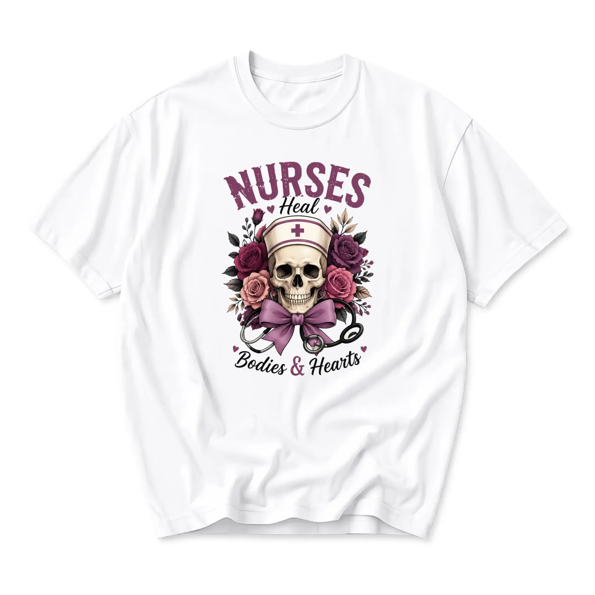 Graphic Tee Nurses Heal Bodies and Hearts Skull Floral Illustration Unisex Crew Neck Short Sleeve Casual Fashion Shirt