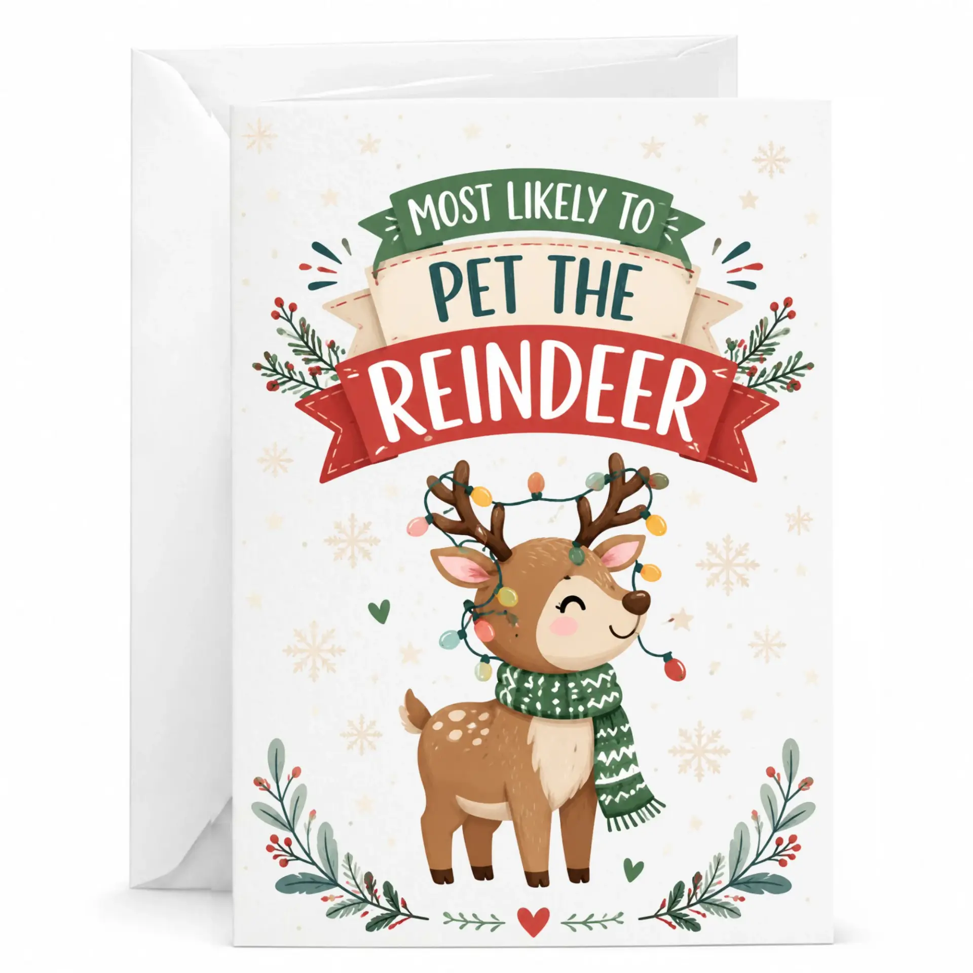 Funny Greeting Card Most Likely to Pet the Reindeer Winter Holiday Festive Season Stationery for Friends and Family