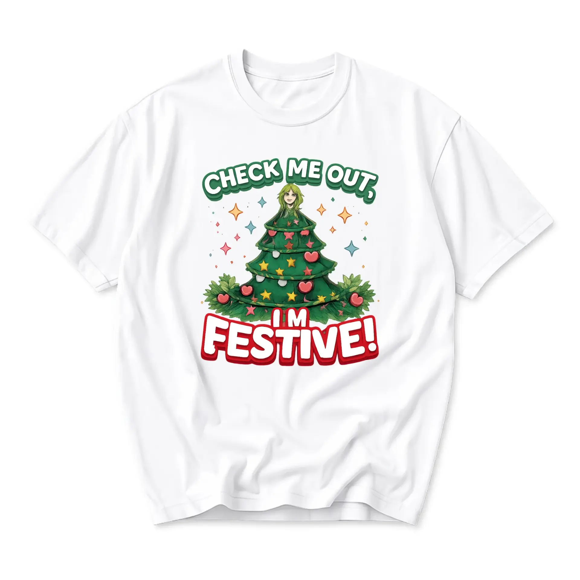 Funny Shirt Check Me Out I'm Festive Christmas Tree Graphic Tee Unisex Crew Neck Short Sleeve Casual Holiday Apparel
