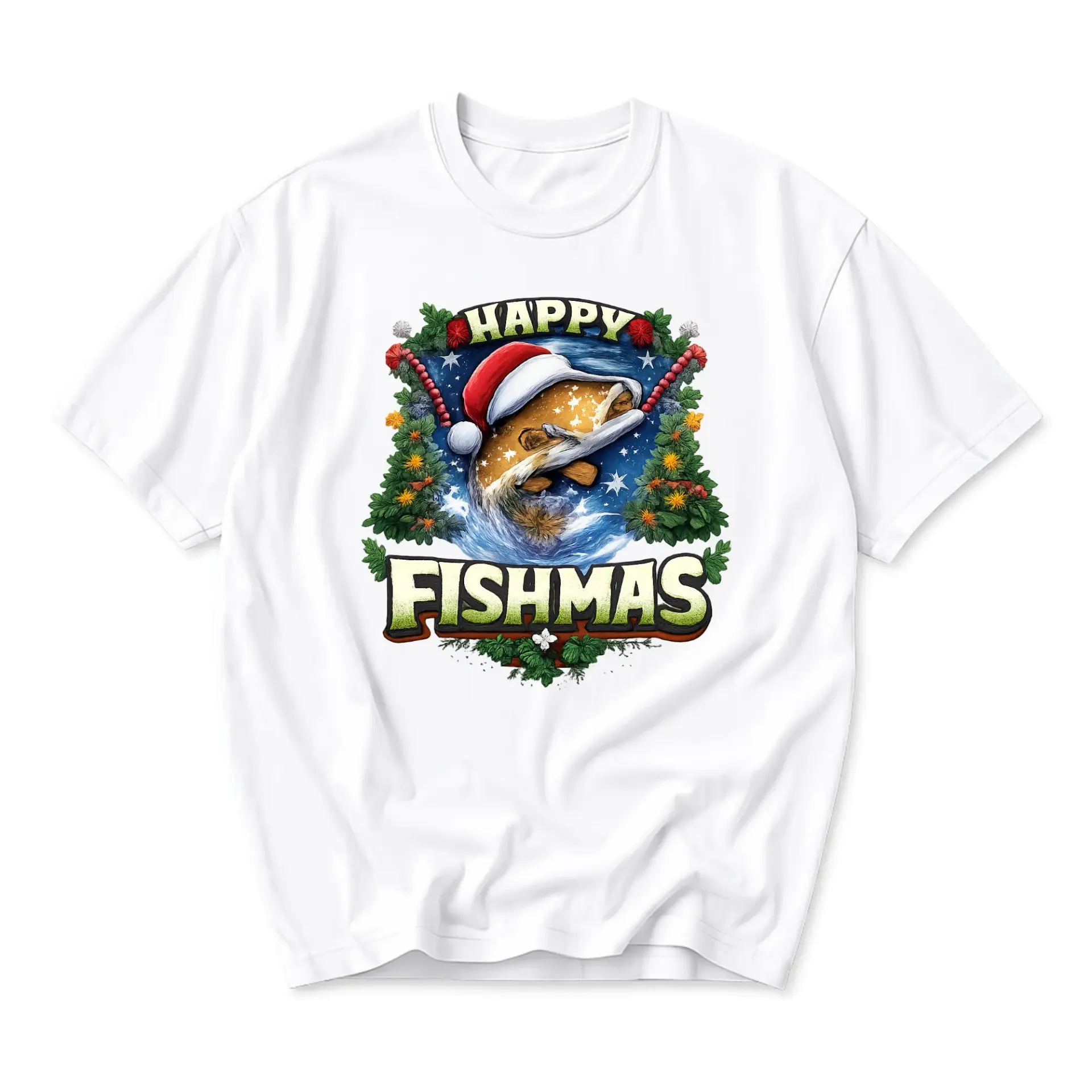 Funny Shirt Happy Fishmas Christmas Fishing Graphic Tee Unisex Short Sleeve