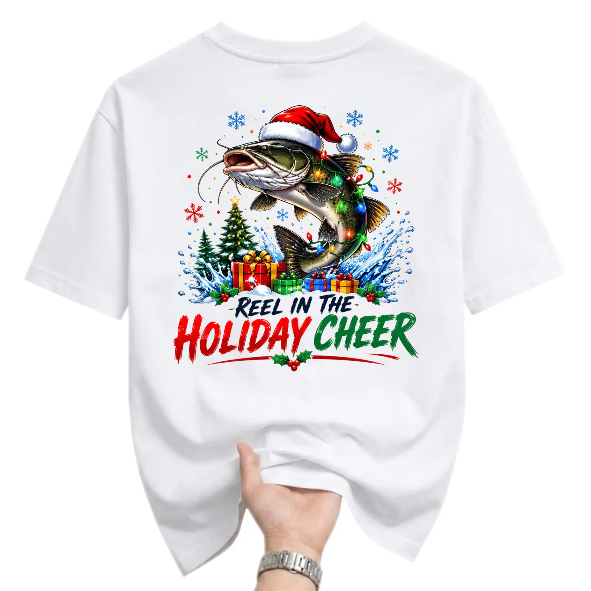 Funny Shirt Reel in the Holiday Cheer Graphic Tee Christmas Fishing Lover