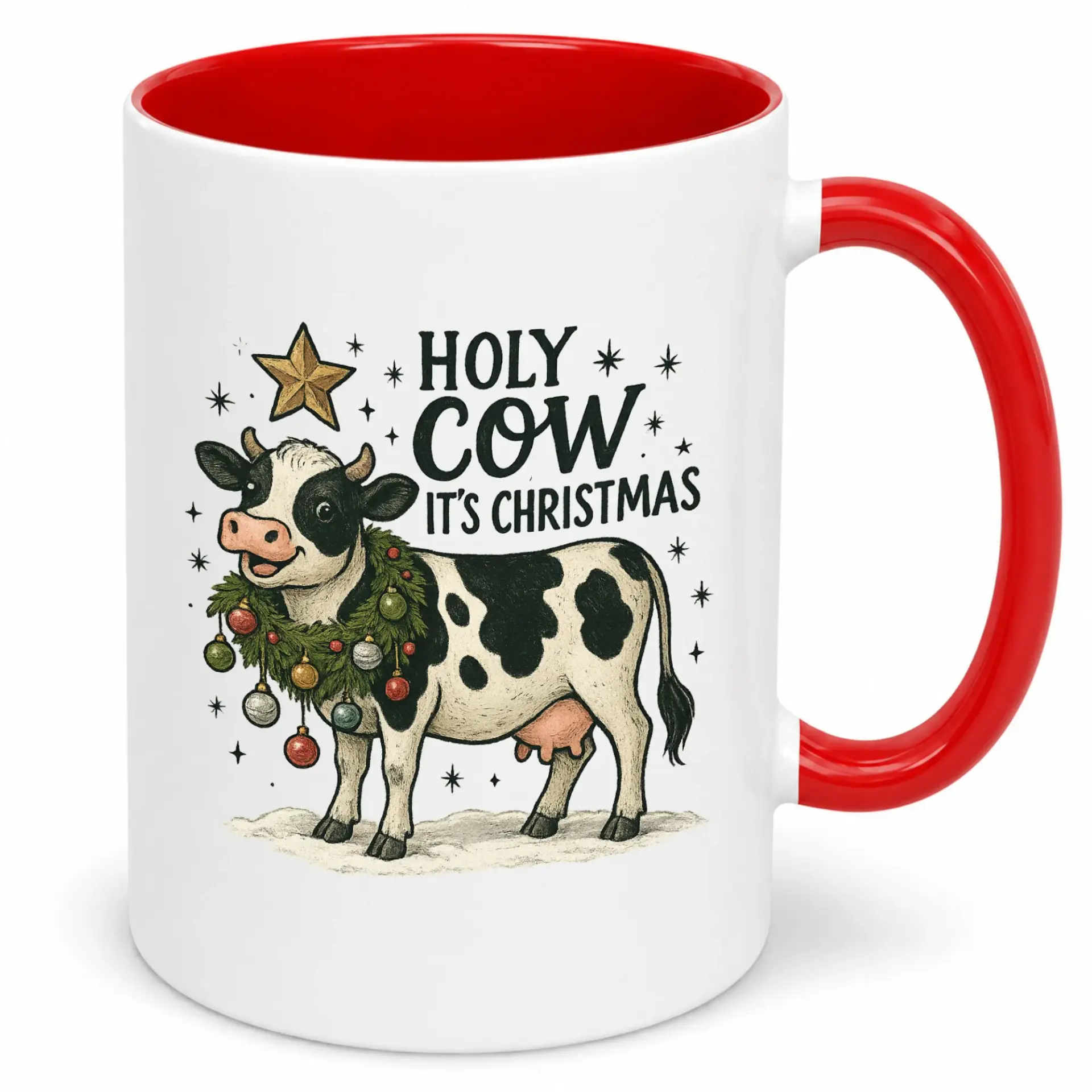 Funny Christmas Cow Ceramic Coffee Mug with Festive Animal Design, Humorous Holiday Holy Cow Saying, Seasonal Beverage Cup Gift