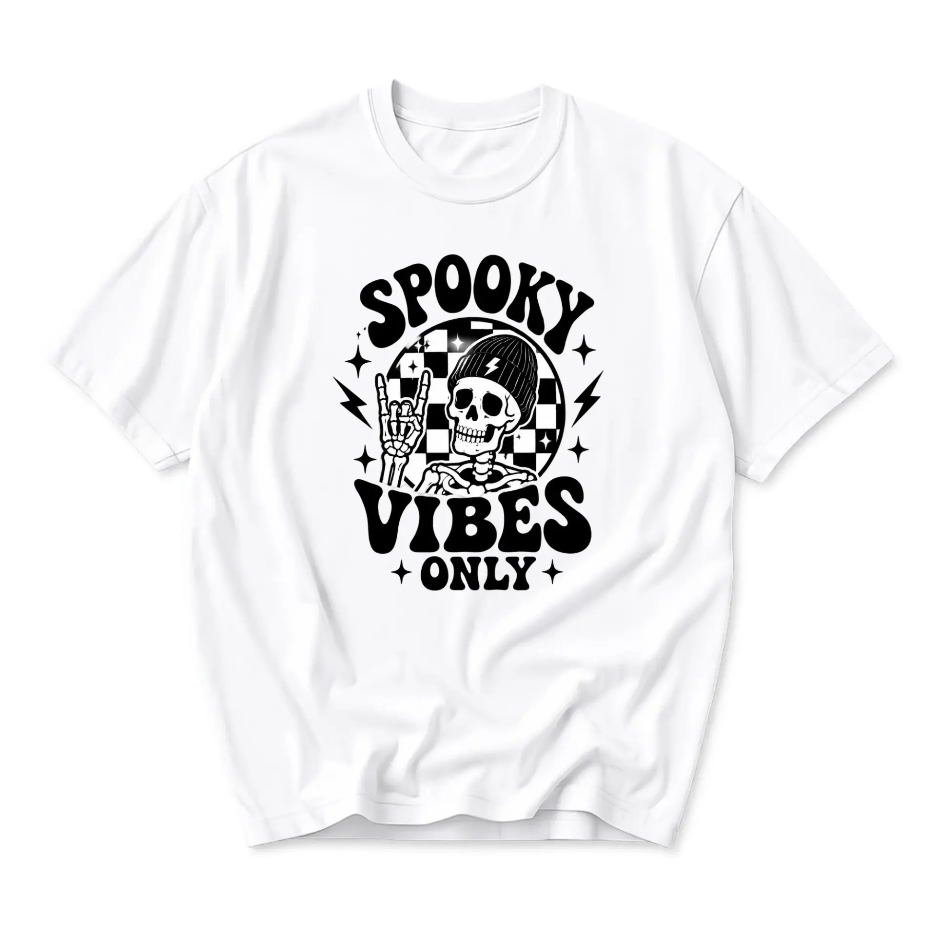 Graphic Tee Spooky Vibes Only Skeleton Hand Sign Unisex Shirt Retro Aesthetic Crew Neck Short Sleeve Cotton Apparel