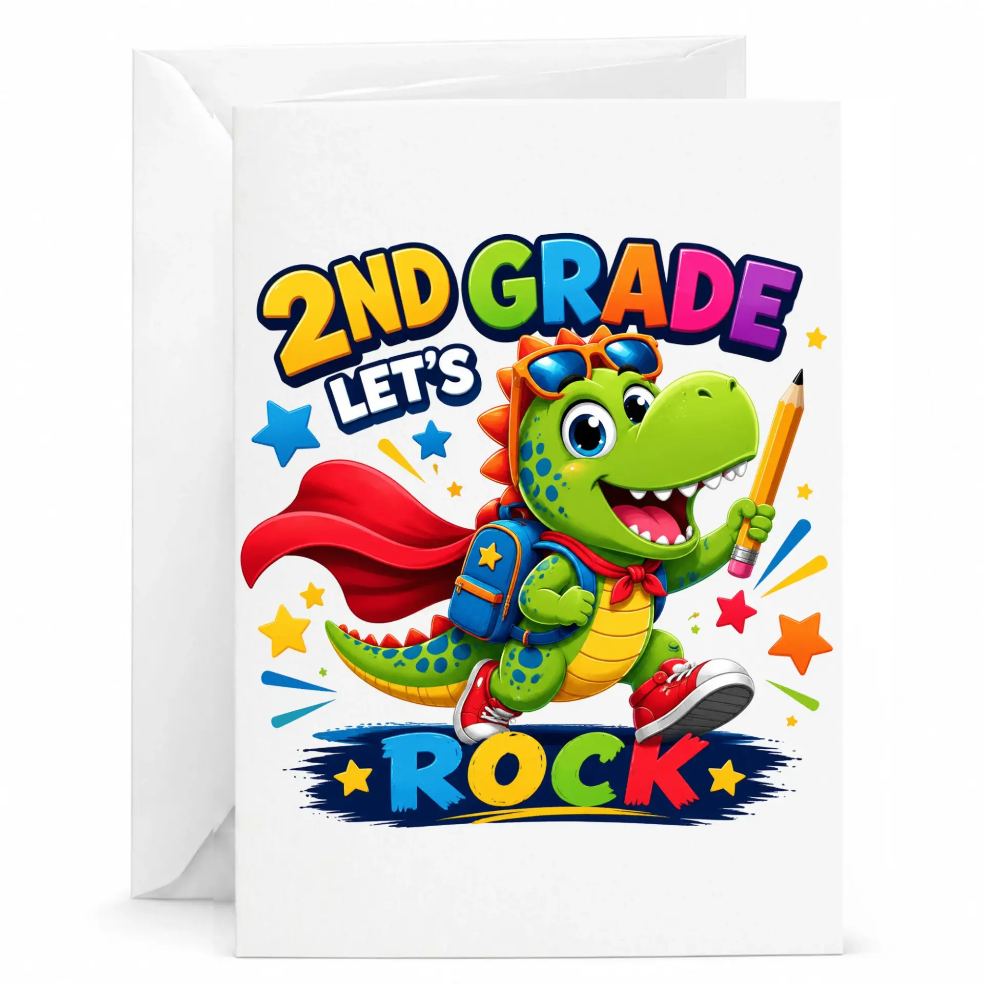 Greeting Card 2nd Let's Rock Dinosaur Design Heavyweight Cardstock Note with Matching White Envelope