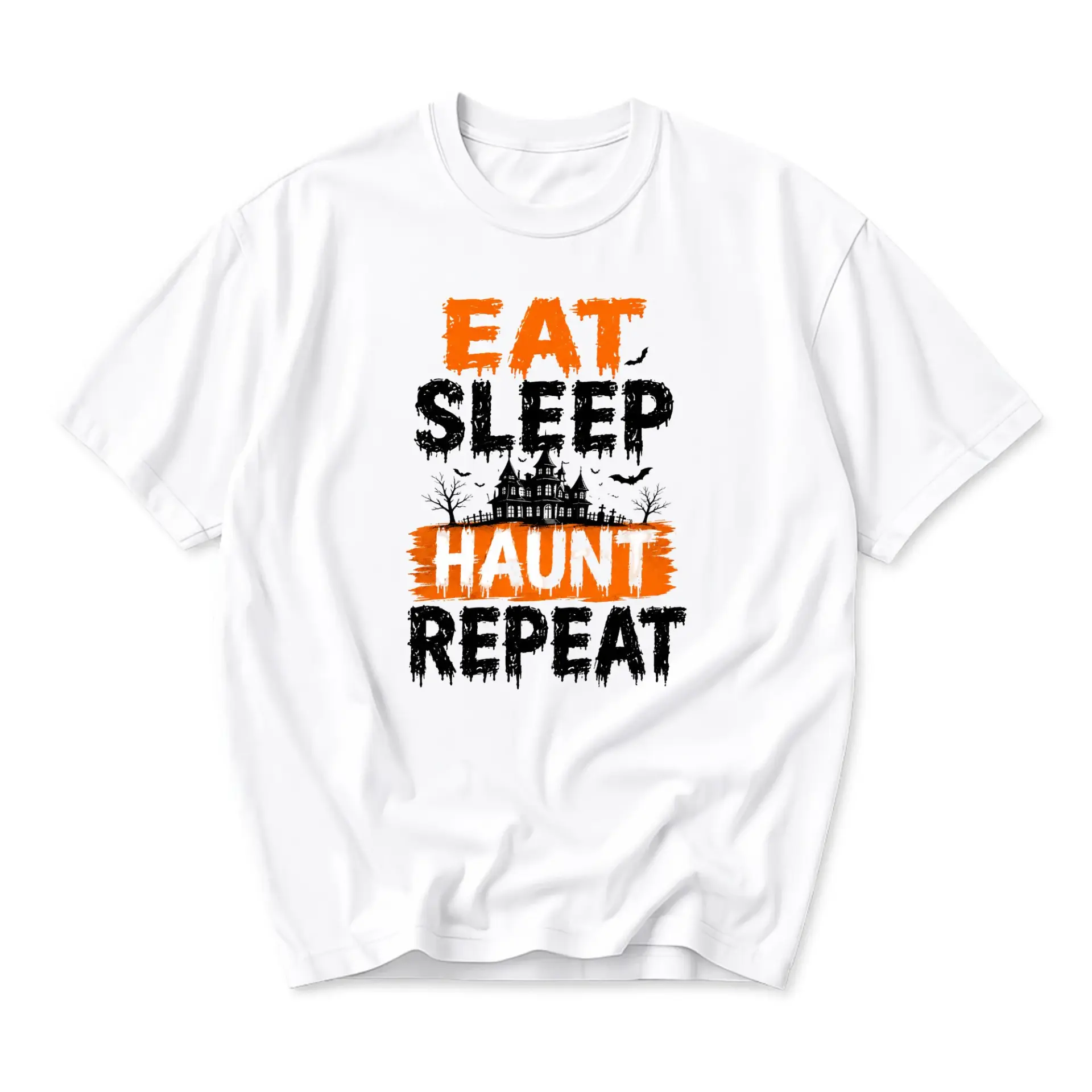 Graphic Tee Unisex Crew Neck T-Shirt Featuring Spooky Halloween Haunted House Design for Casual Wear and Fall Holidays