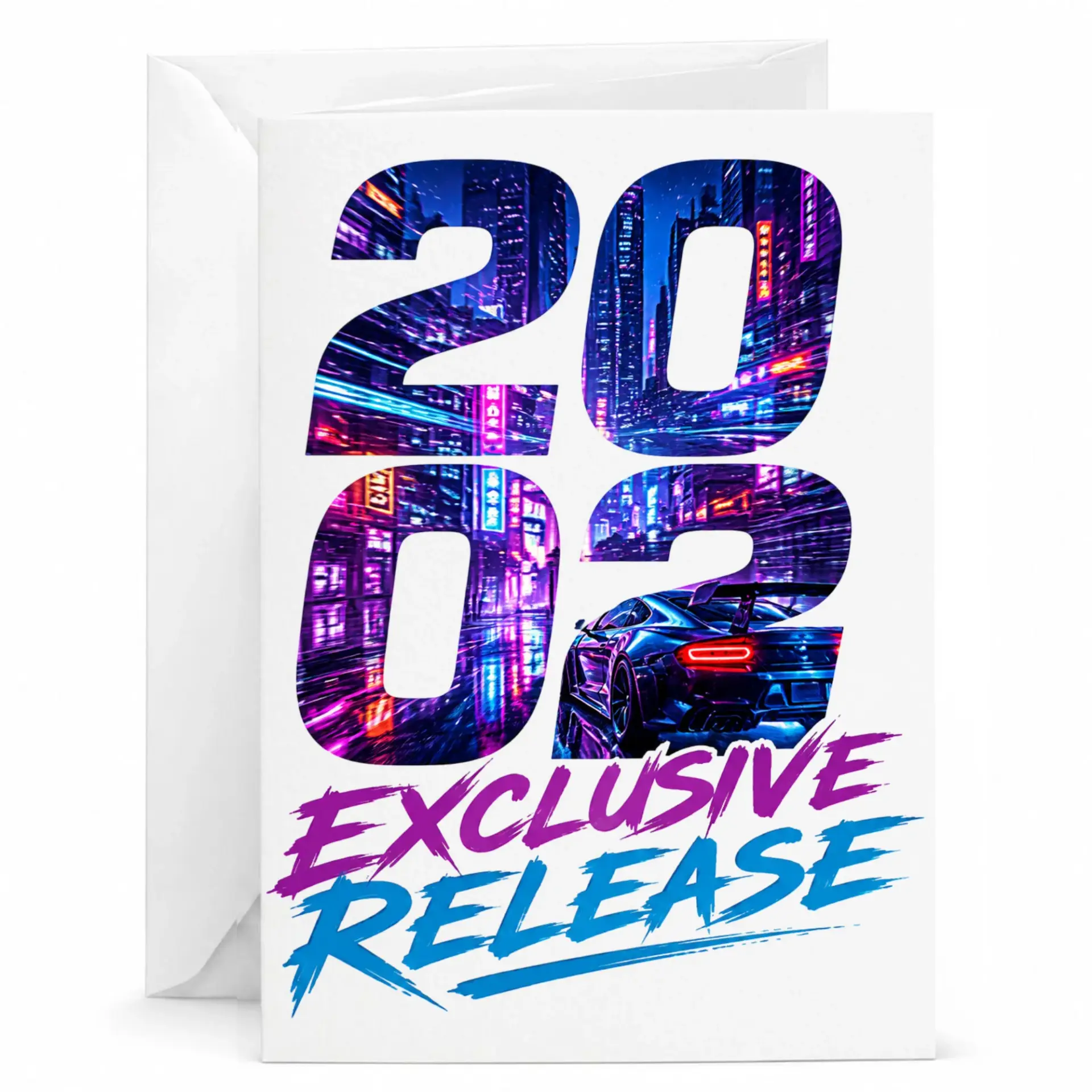 Greeting Card 2024 Exclusive Release Sports Car City Neon Night Theme Print Professional Stationary for Special Events
