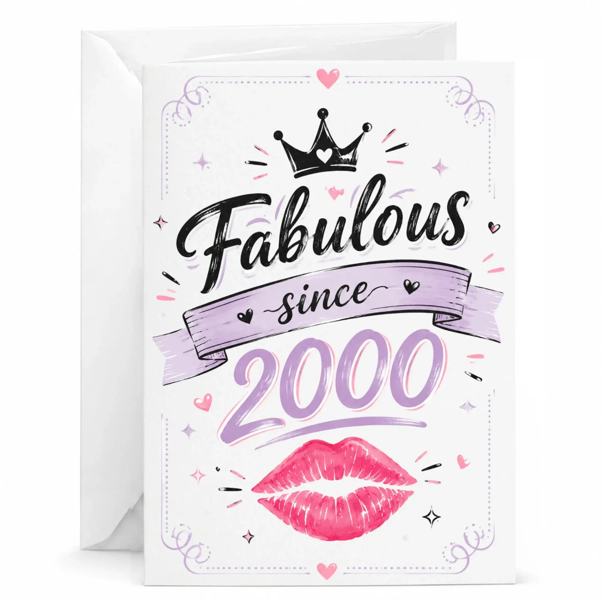 Birthday Card Fabulous Since 2000 Elegant Crown and Lips Design for Milestone Celebration Printed Greeting Card with Envelope