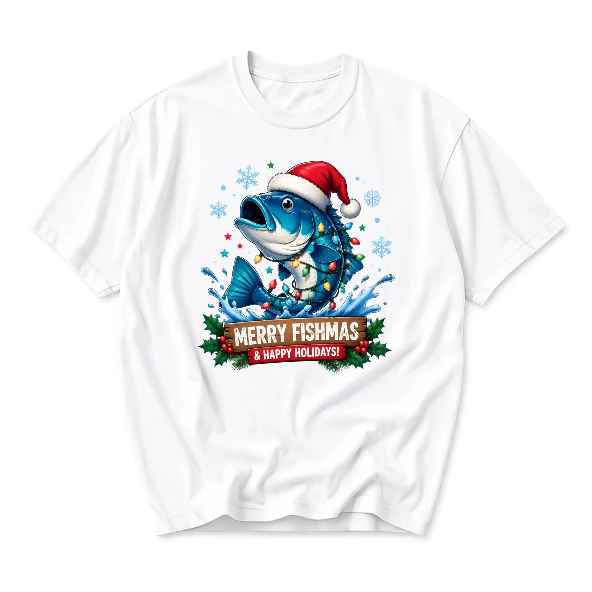 Funny Shirt Merry Fishmas Holiday Graphic Tee Featuring a Festive Fishing Theme with a Santa Hat Wearing Fish