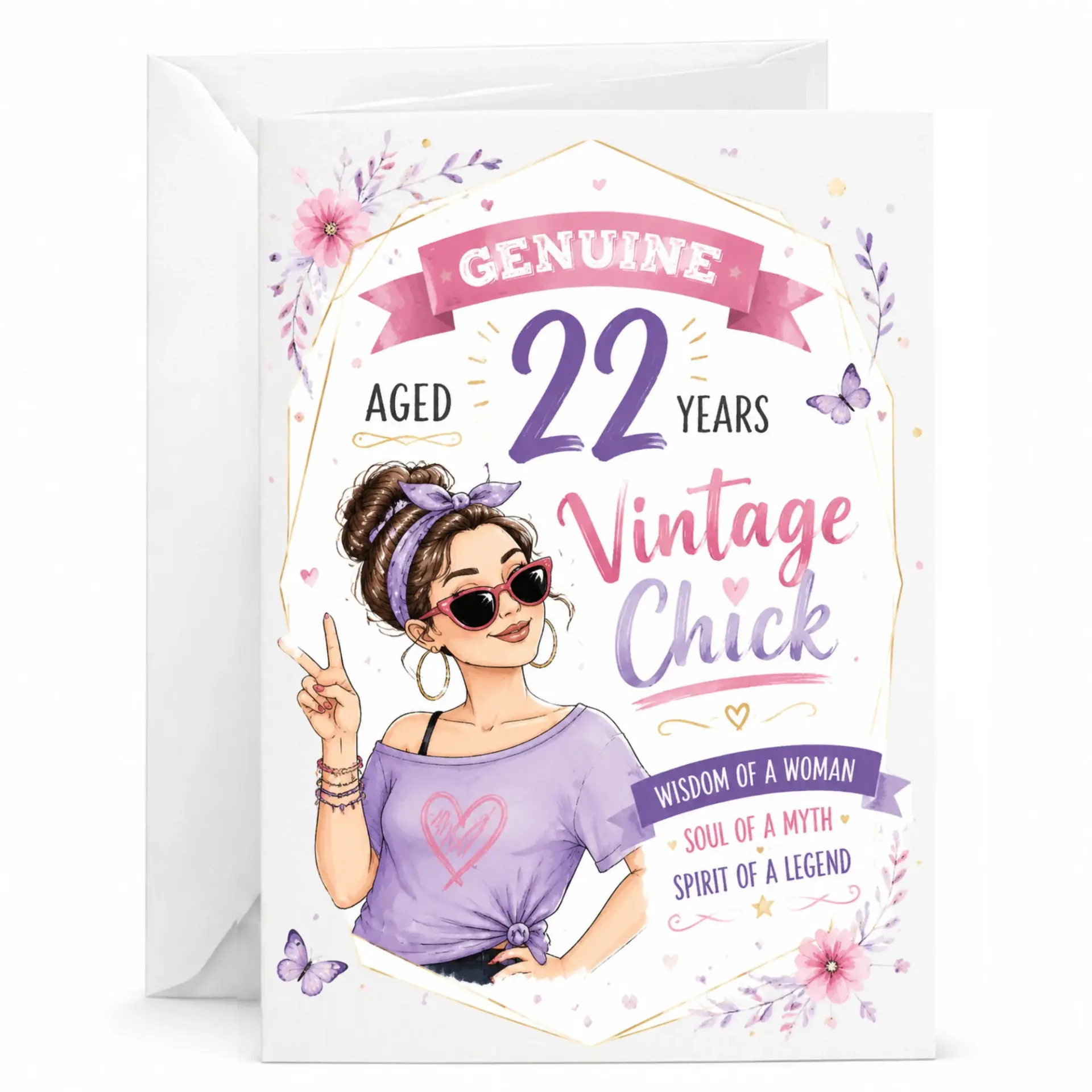 Birthday Card 22nd Birthday Gift Funny Vintage Theme Greeting Card for Women with Matching Envelope 5x7 Inches
