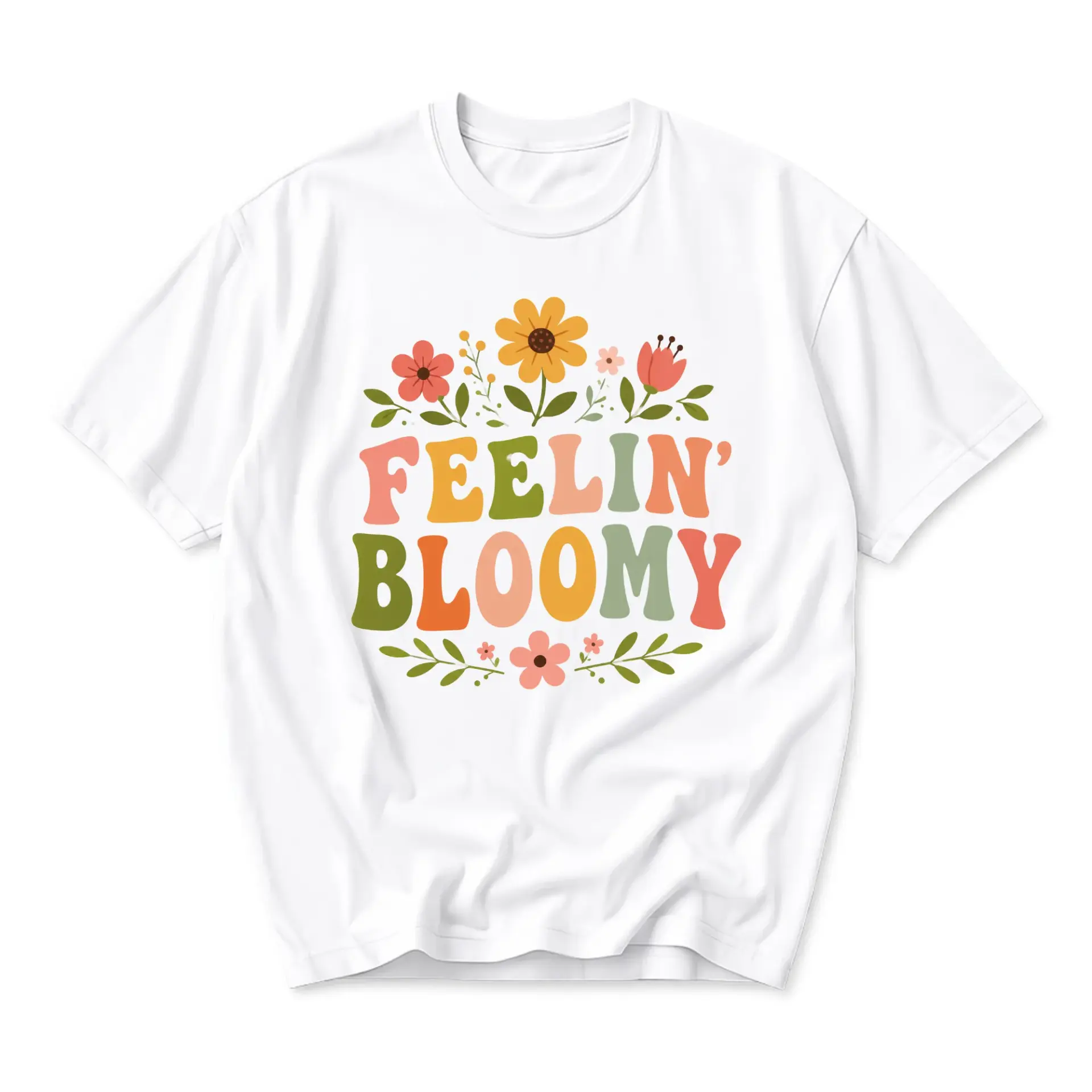 Graphic Tee Feelin Bloomy Retro Floral Print Casual Unisex Crew Neck Shirt Comfortable Cotton Blend Top for Everyday