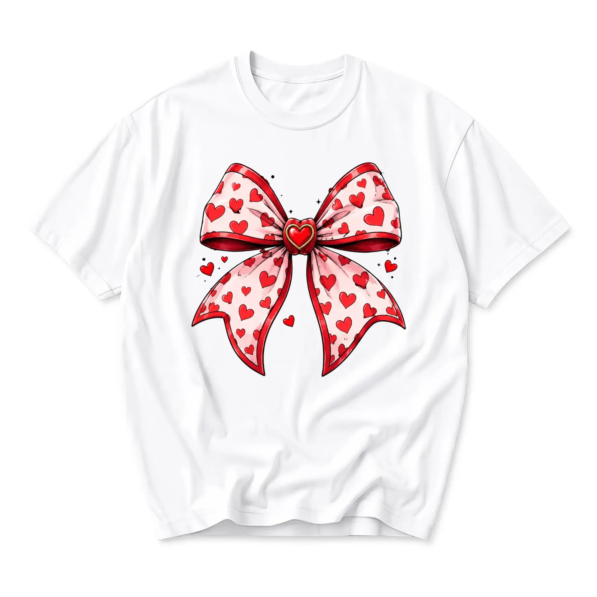 Graphic Tee Heart Bow Shirt Aesthetic Red Ribbon Graphic Printed Unisex Crew Neck Short Sleeve Casual Cotton Top