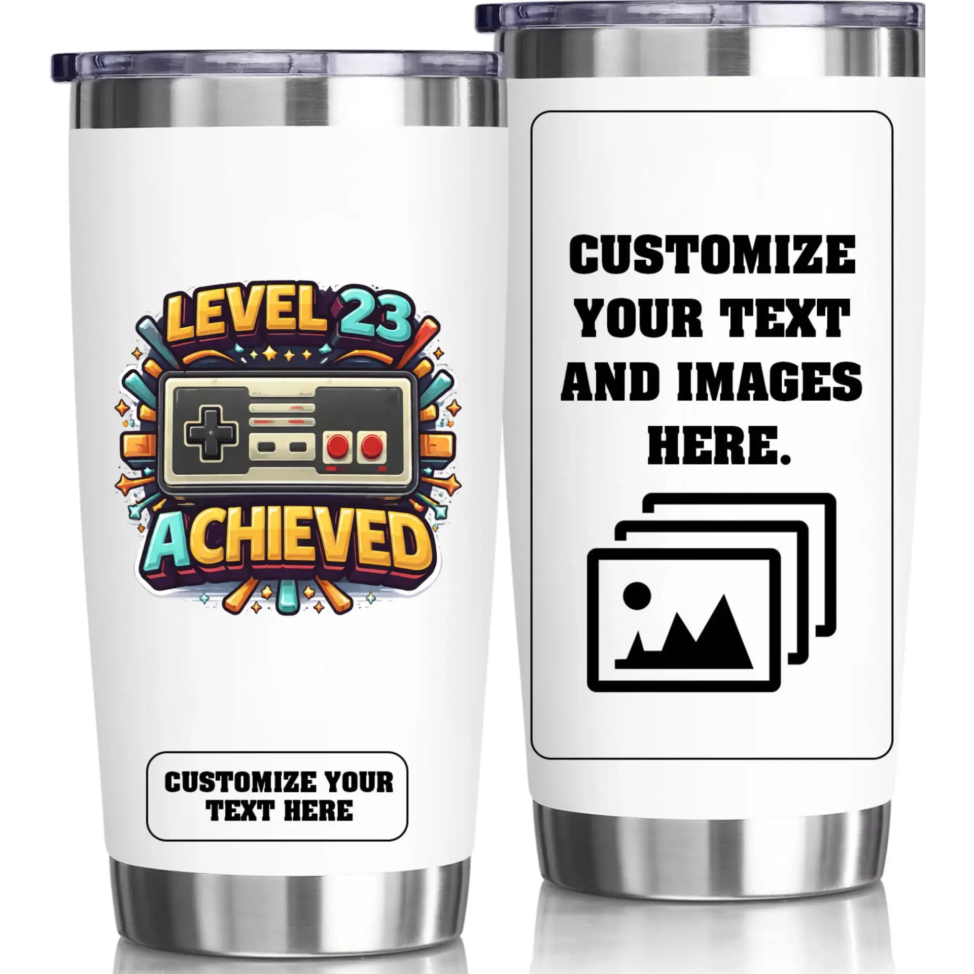 Risk: the Product Image Depicts a Generic Template with Placeholder Text Suggesting Customization for a Video Game Theme, Which Implies the Potential for Users to Add Copyrighted Material or Infringing Imagery. the Design Includes Text About Level 23 Achieved, Which Combined with the Controller Graphic, Mimics Gaming Intellectual Property.