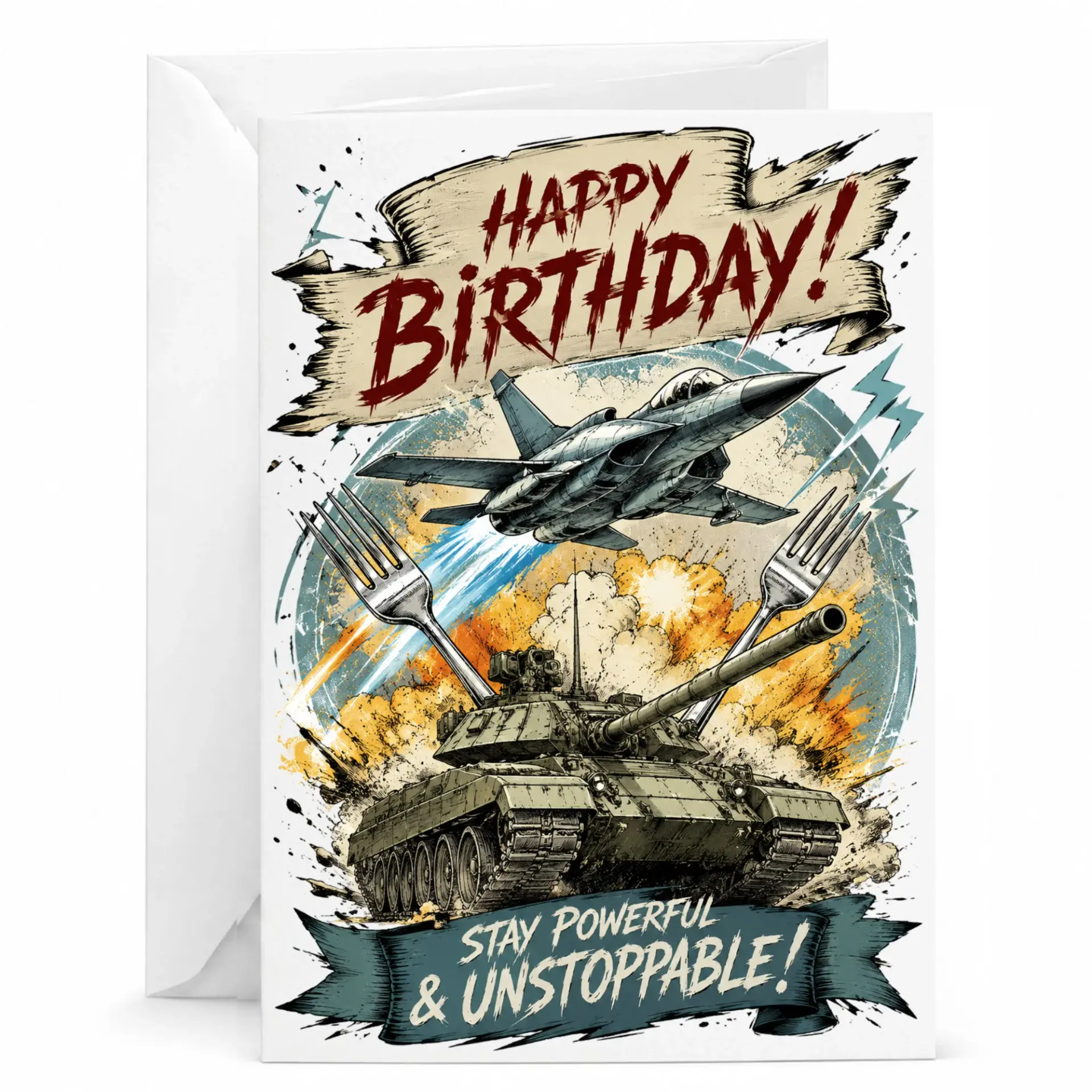 Birthday Card Featuring Fighter and Tank Illustration with Motivational for Enthusiastic Celebrations
