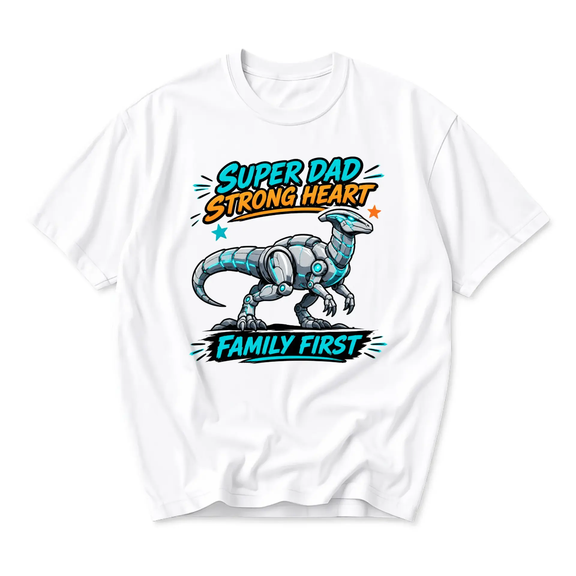 T-shirt Super Dad Strong Heart Family First Graphic Tee Robotic Dinosaur Illustration Unisex Crew Neck Everyday Top