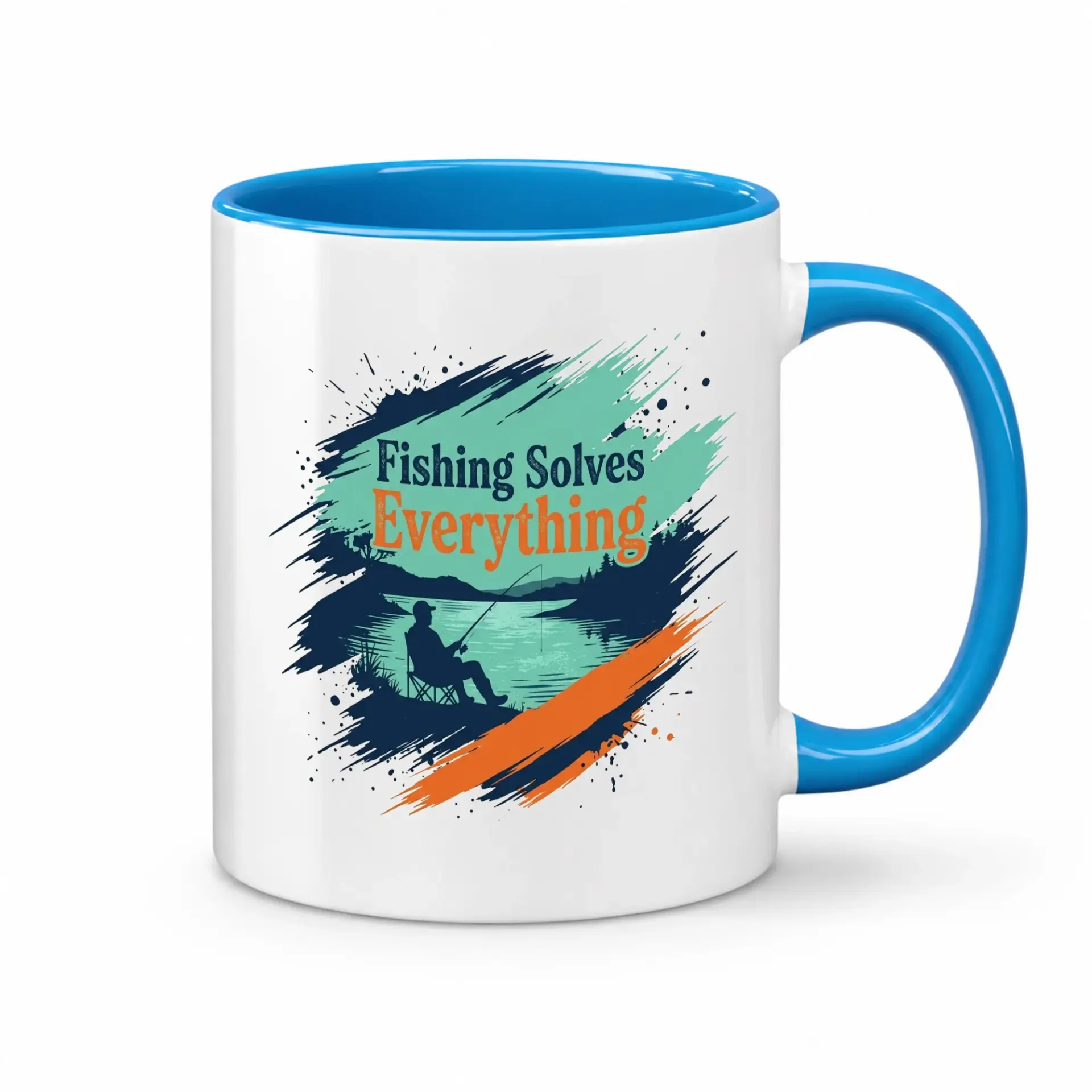 Funny Fishing Solves Everything Ceramic Coffee Mug with Blue Handle and Interior Accents for Outdoor Enthusiasts