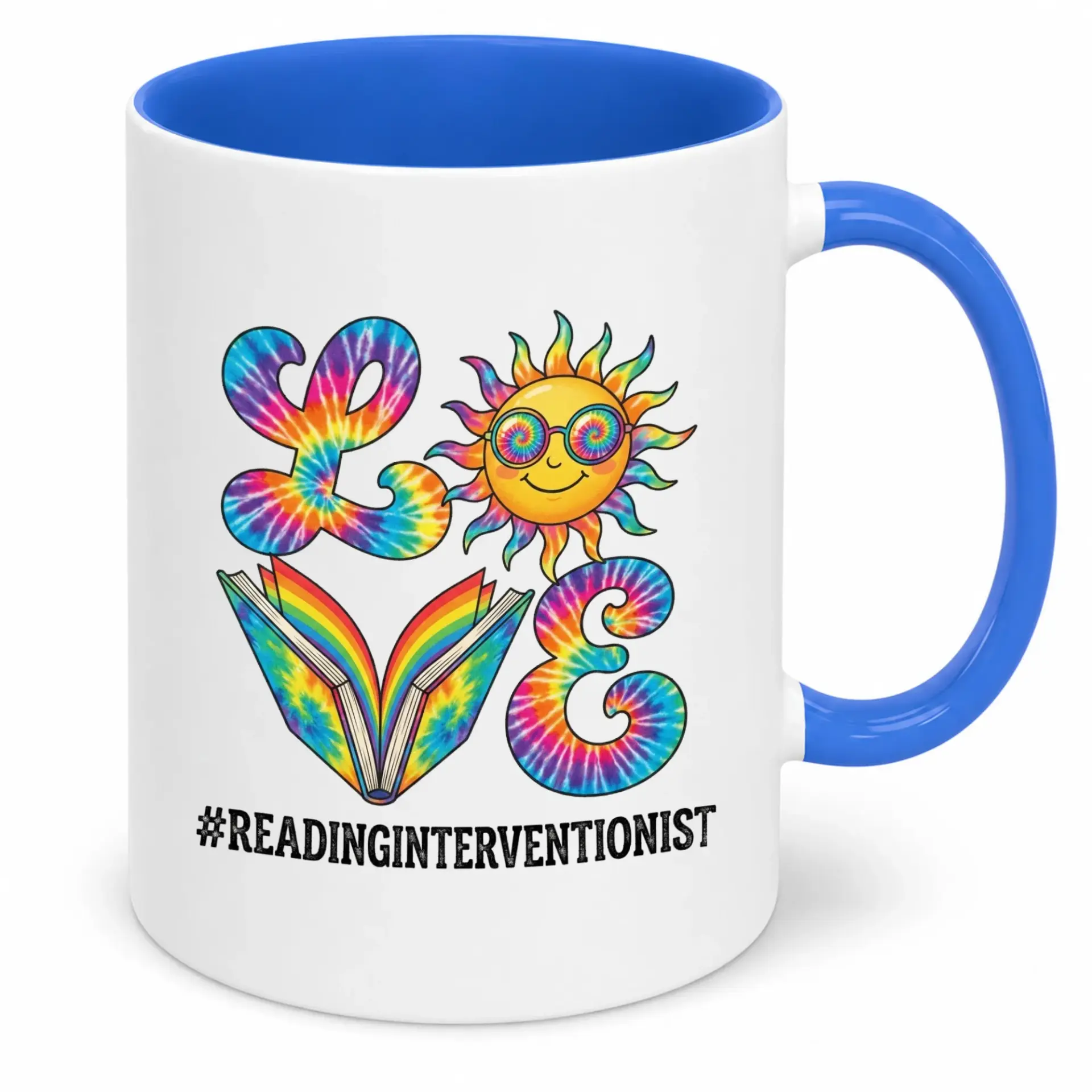 Coffee Mug for Reading Interventionist, "love" Tie-Dye Design with Smiling Sun and Open Book, White Ceramic Drinkware, Thoughtful Gift for Educators