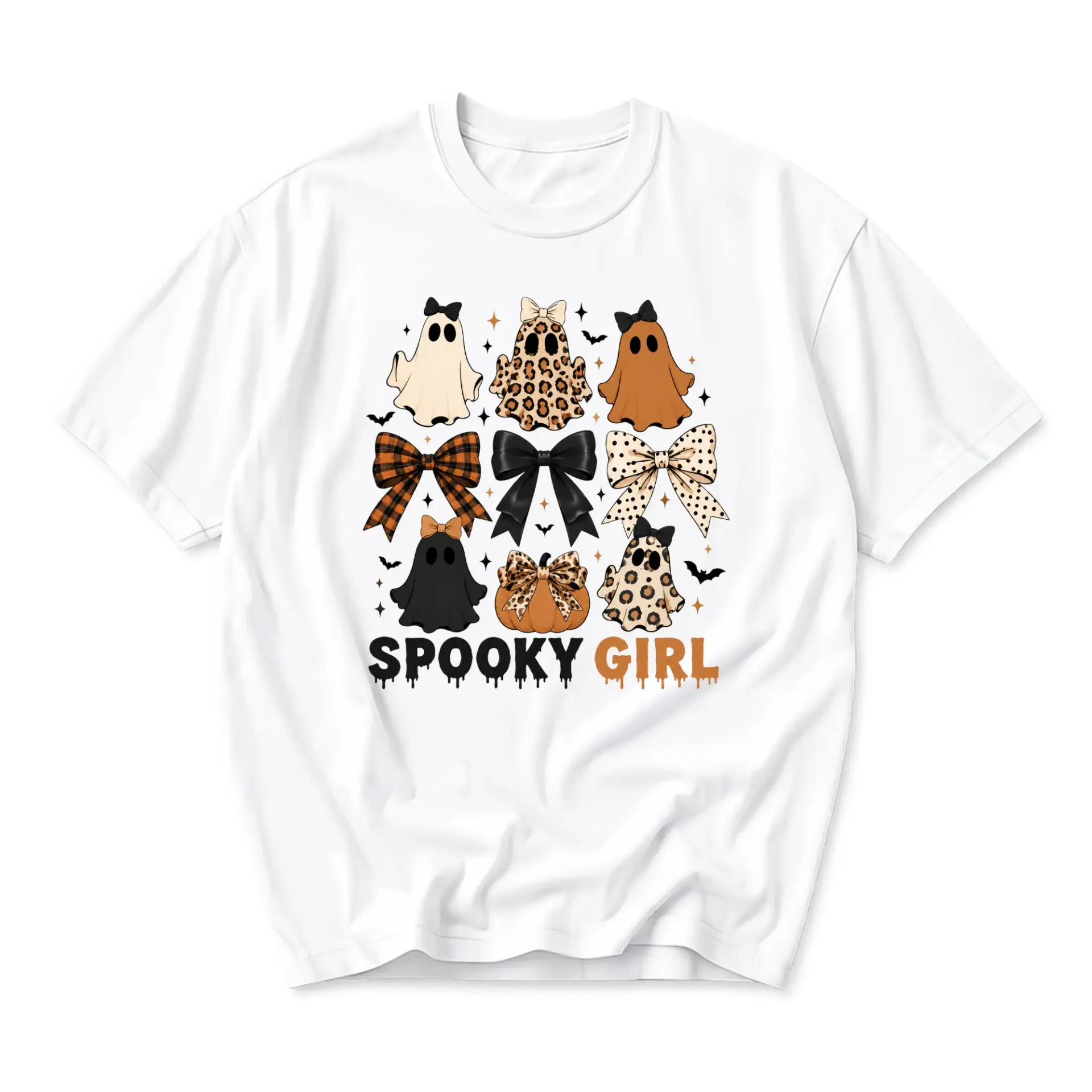 Graphic Tee Spooky Girl Shirt with Ghost Pumpkin and Bow Prints Cute Aesthetic Fall Seasonal Apparel Casual Short Sleeve